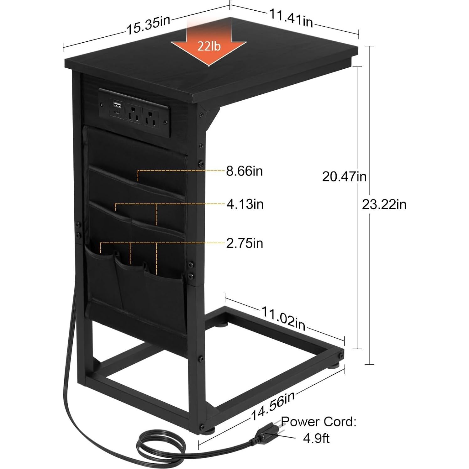 AMHANCIBLE C Shaped End Table with Charging Station, TV Tray Set of 2, Couch Tables with Storage Bag, Slide Under Sofa Side Table with USB Ports and Outlets for Living Room, Black, HET04CBK