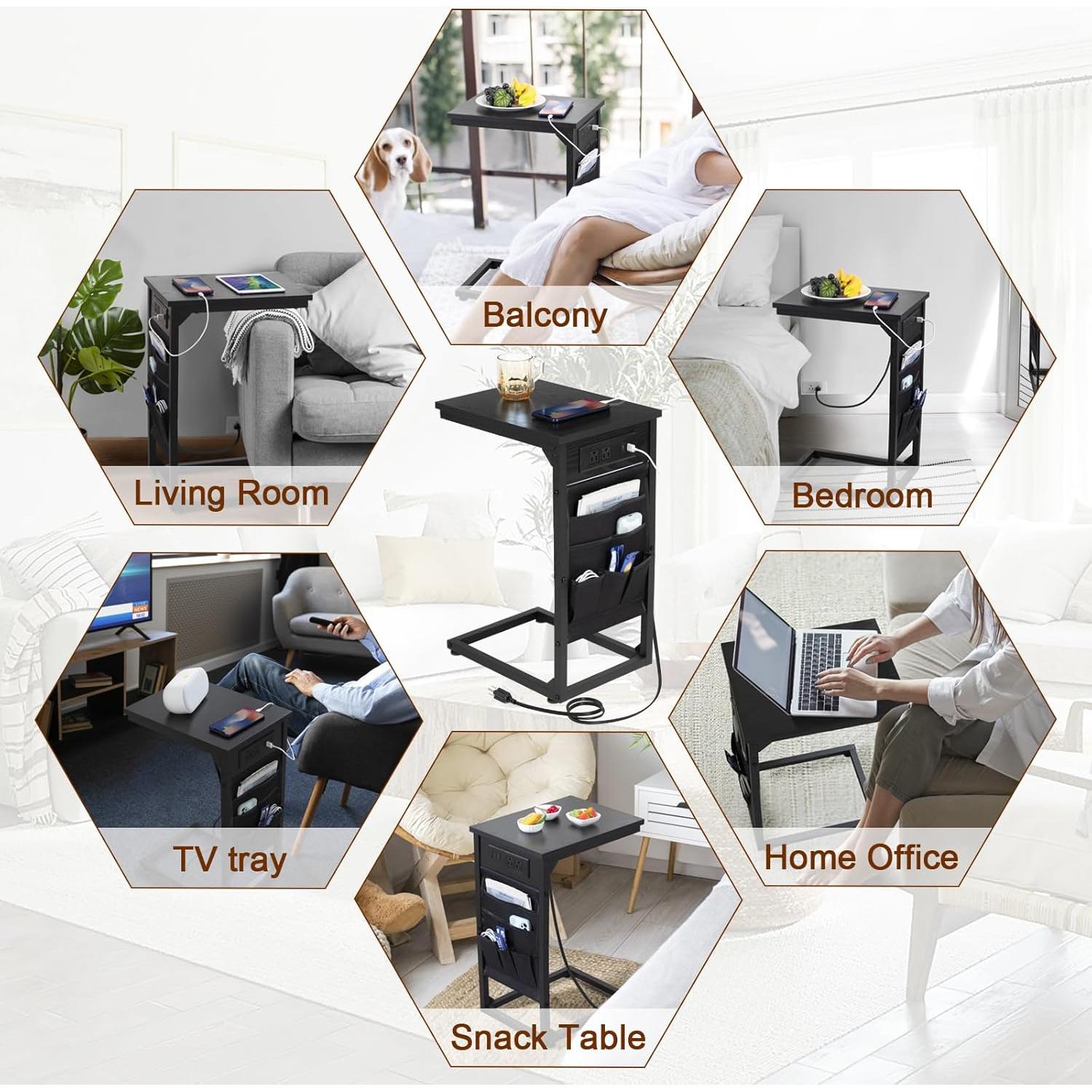 AMHANCIBLE C Shaped End Table with Charging Station, TV Tray Set of 2, Couch Tables with Storage Bag, Slide Under Sofa Side Table with USB Ports and Outlets for Living Room, Black, HET04CBK
