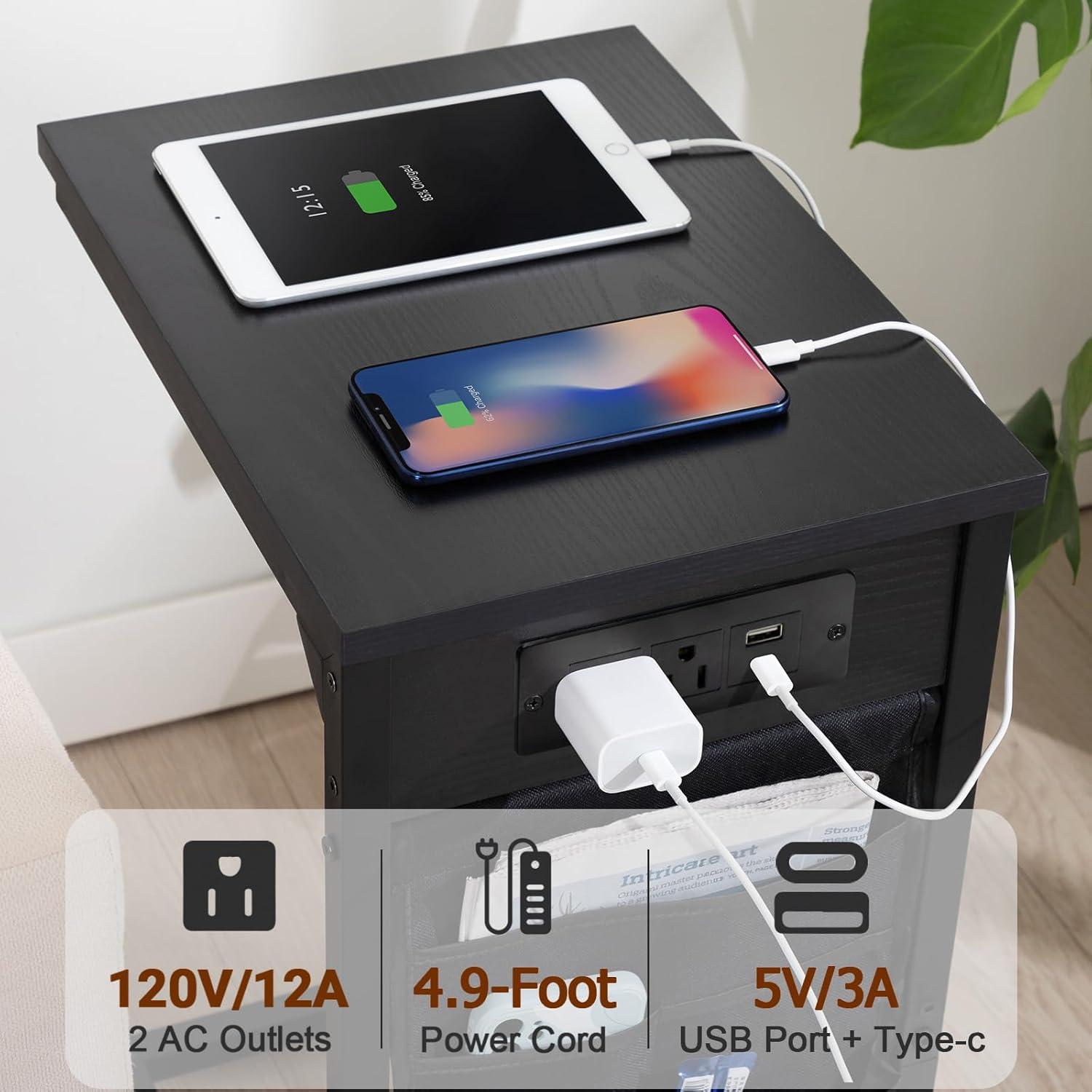 AMHANCIBLE C Shaped End Table with Charging Station, TV Tray Set of 2, Couch Tables with Storage Bag, Slide Under Sofa Side Table with USB Ports and Outlets for Living Room, Black, HET04CBK