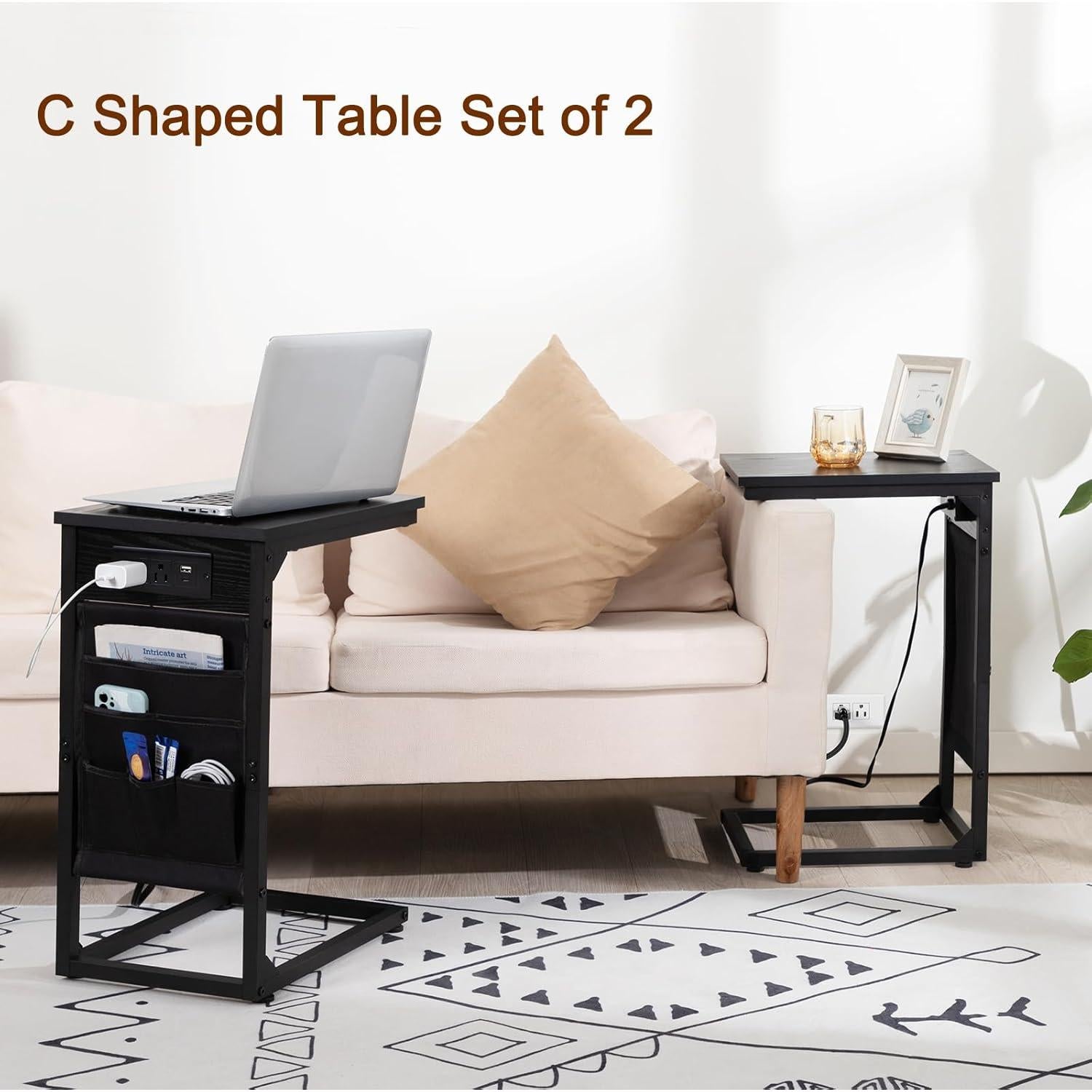 AMHANCIBLE C Shaped End Table with Charging Station, TV Tray Set of 2, Couch Tables with Storage Bag, Slide Under Sofa Side Table with USB Ports and Outlets for Living Room, Black, HET04CBK