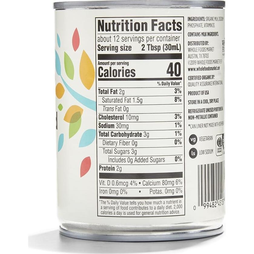 Leche Evaporada Orgánica 365 Whole Foods 340 ml con Vitamina D