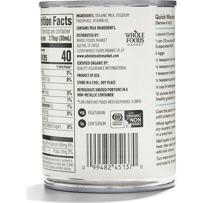 Leche Evaporada Orgánica 365 Whole Foods 340 ml con Vitamina D