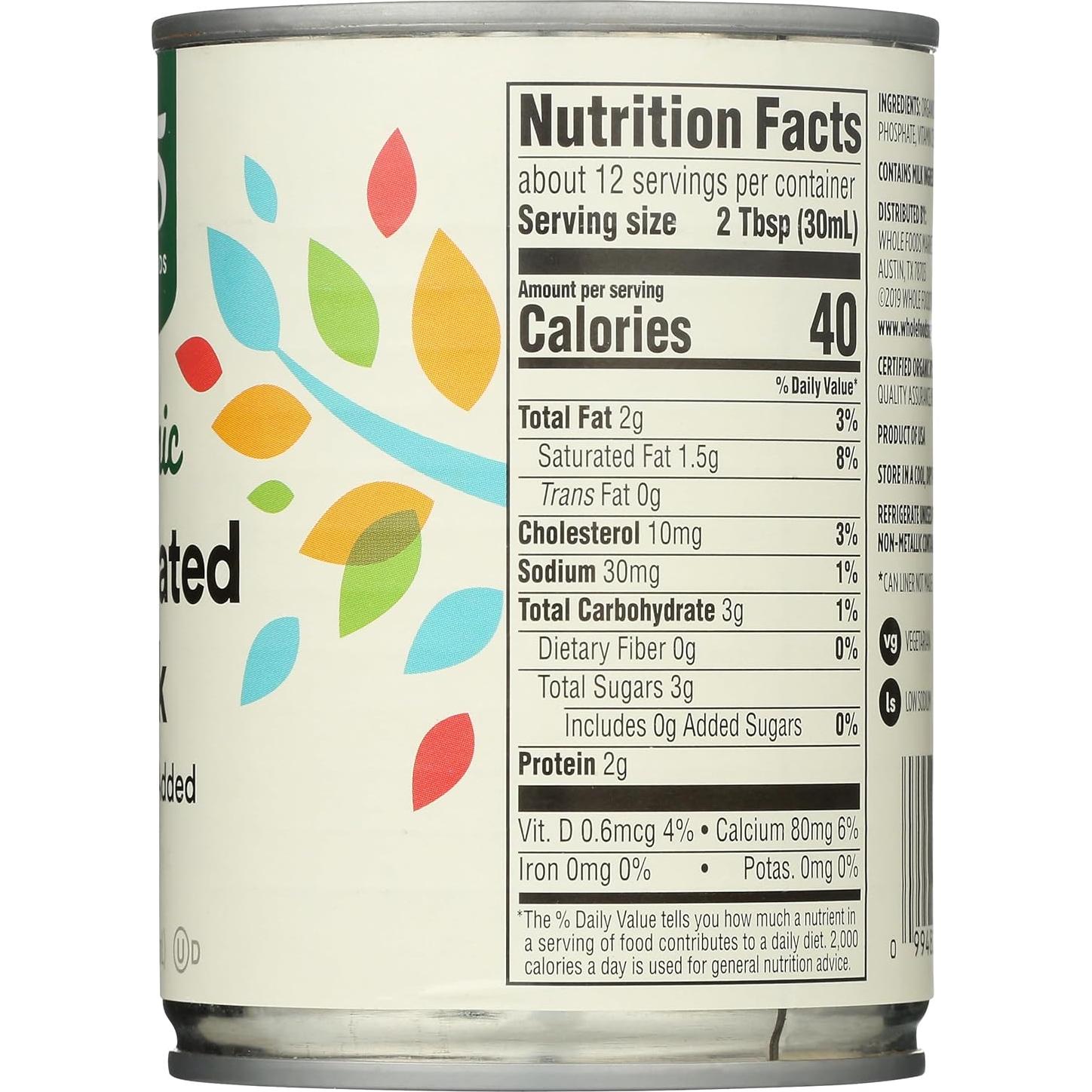 Leche Evaporada Orgánica 365 Whole Foods 340 ml con Vitamina D