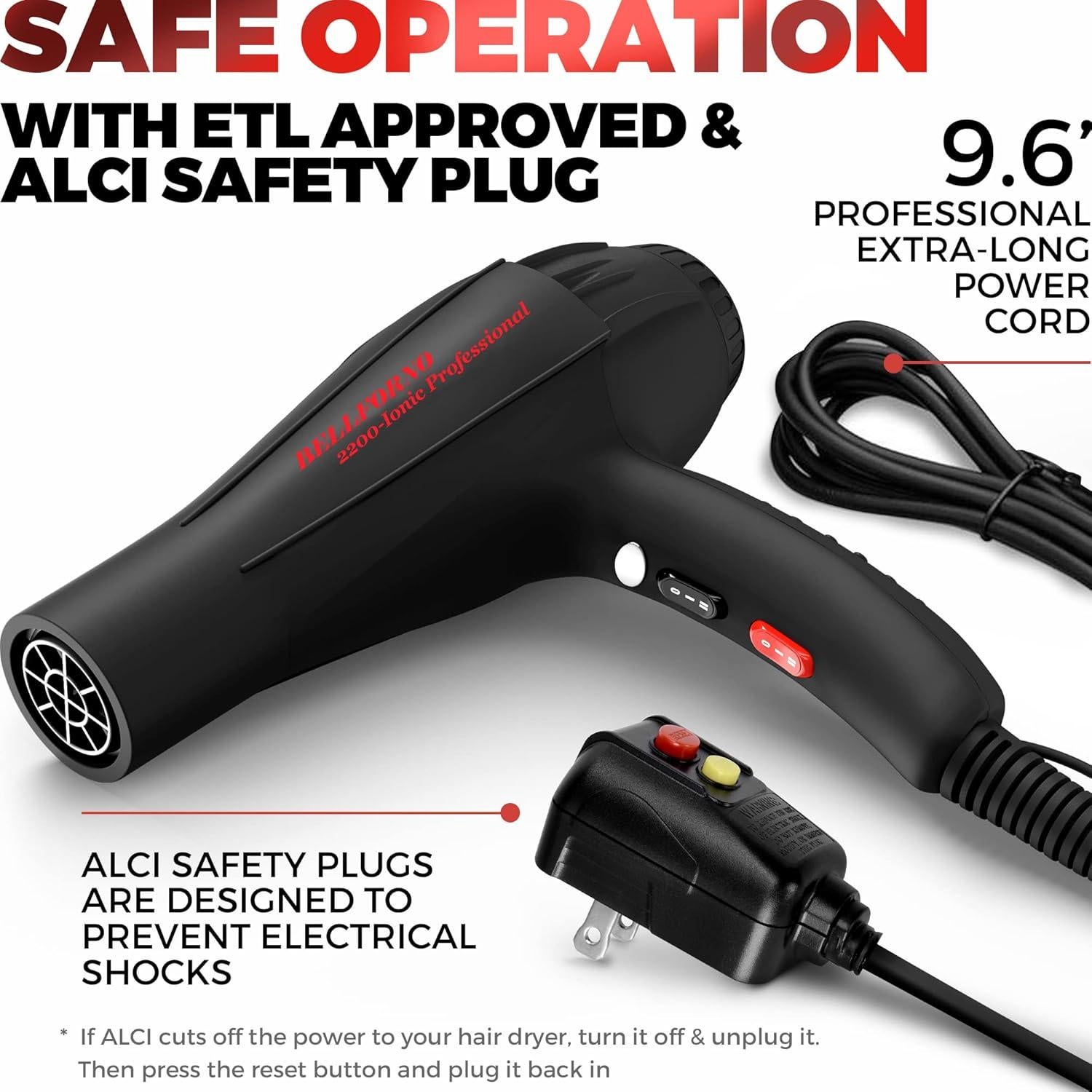 Secador de Pelo Profesional BELLFORNO 2200W Iónico con Difusor