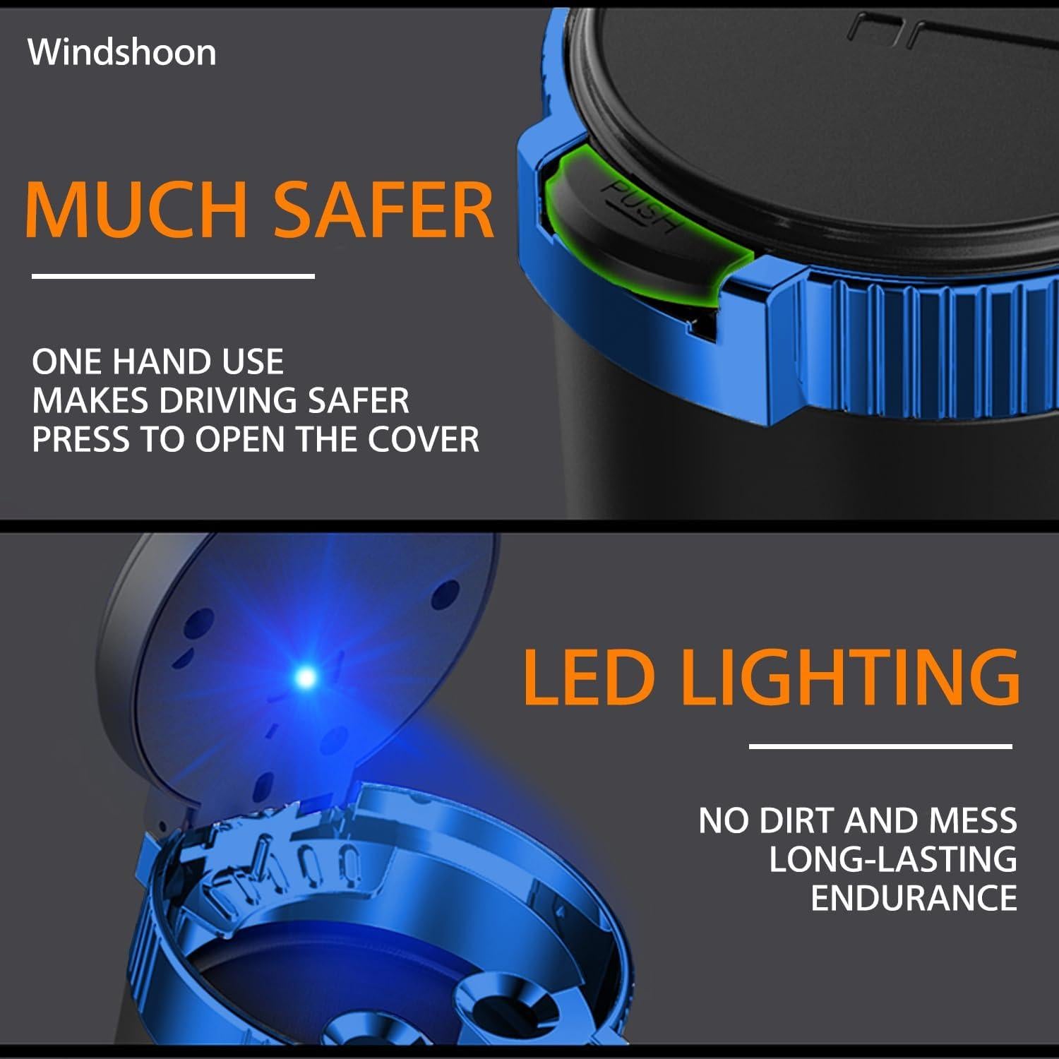 Cenicero de coche Windshoon con tapa y luz LED azul