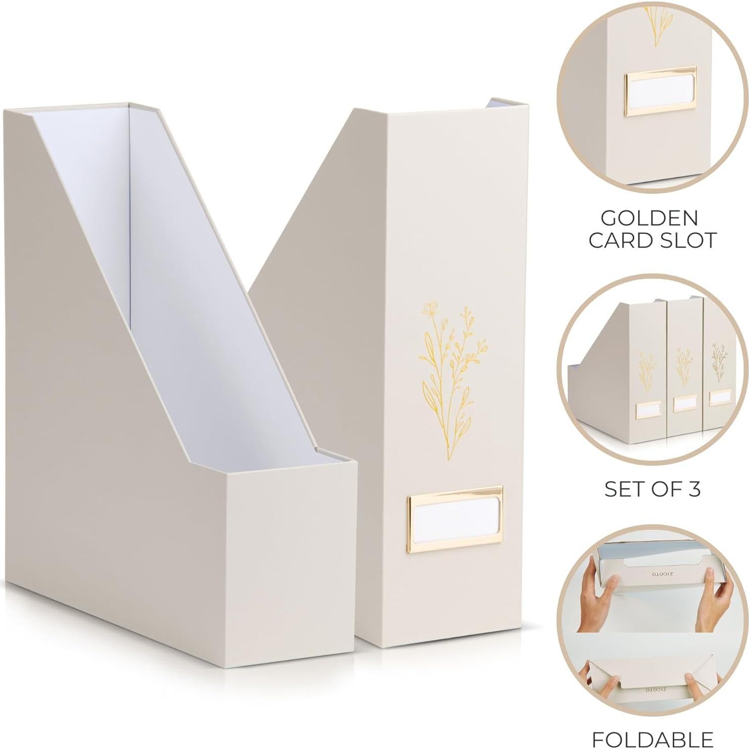 Juego de 3 Soportes para Revistas ZICOTO Beige Plegables 30x26.6cm