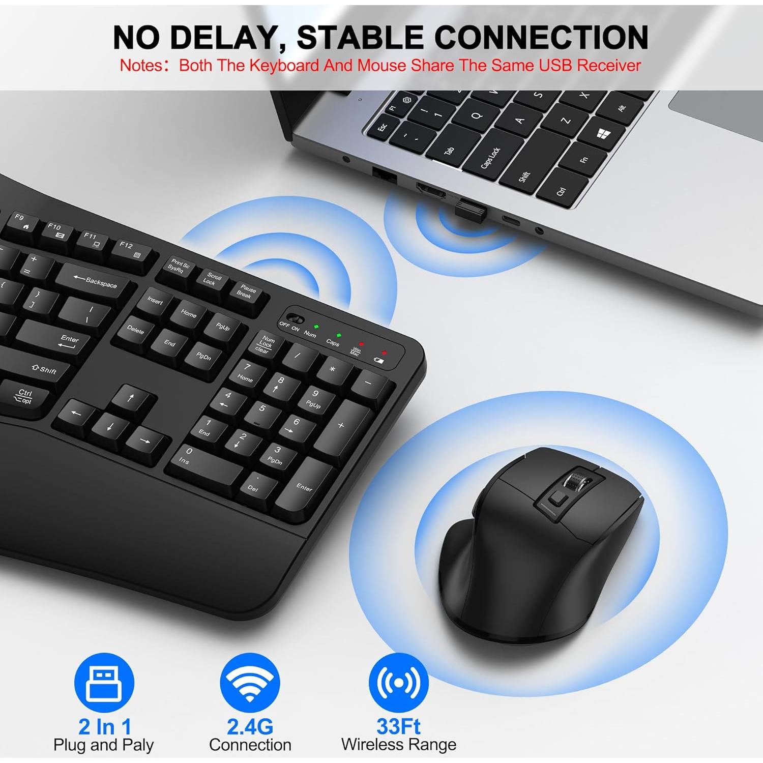Combo Teclado y Ratón Inalámbrico ULSOU Ergonómico Negro