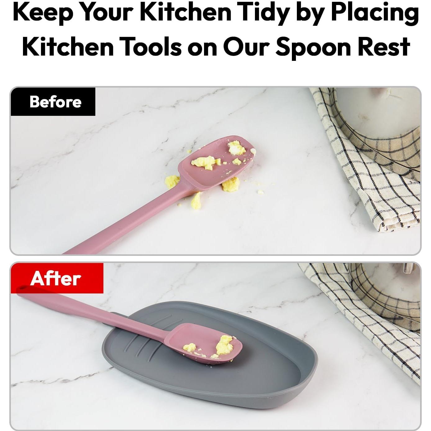 Carrotez Large Silicone Utensil Rest for Stove Top - Unbreakable Heat Resistant Silicone Spoon Rest for Kitchen Countertop - Oversized Wide Non-Scratch Spoon Holder for Camping - Grey