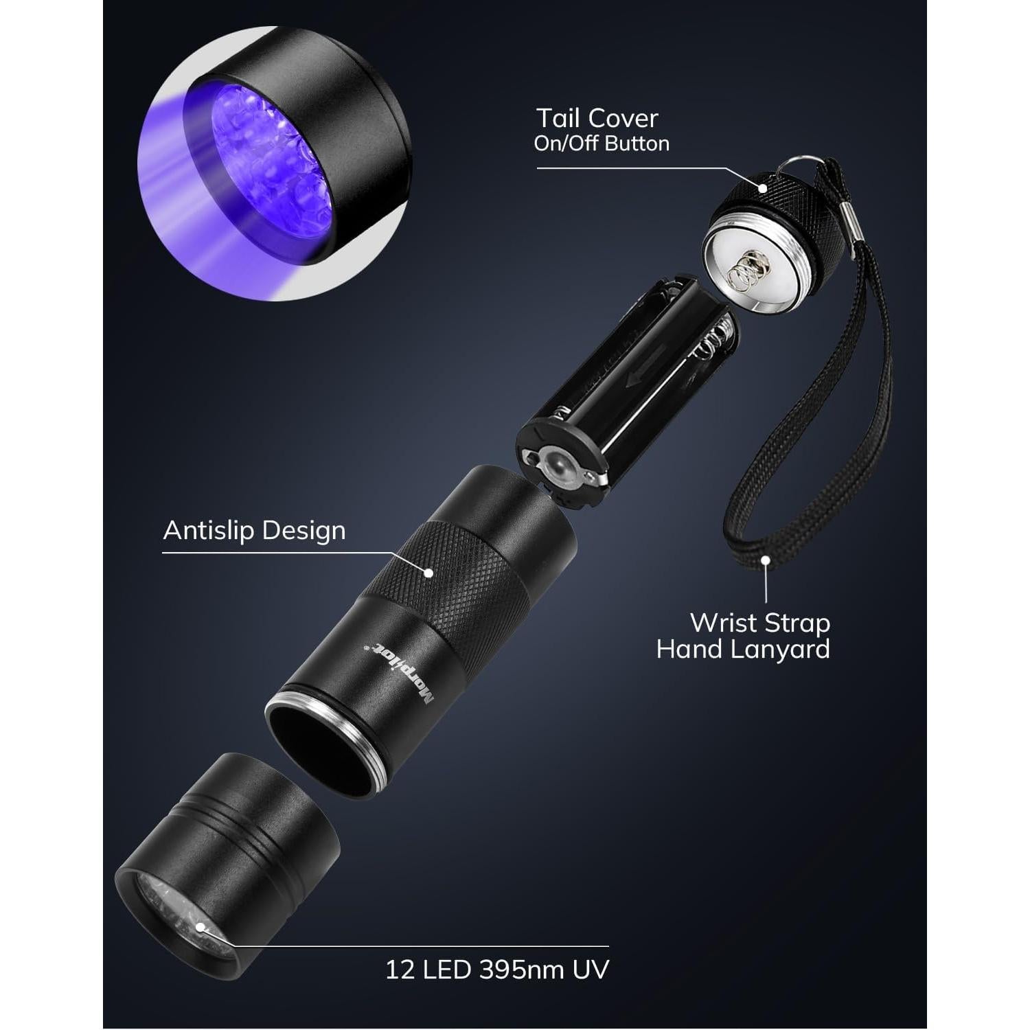 Linterna UV Morpilot 12 LED 395nm 2 Pcs Mini Negra
