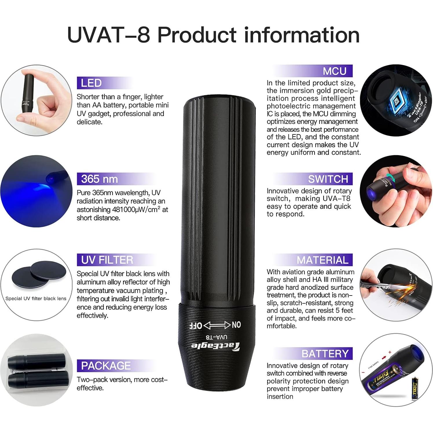 Paquete de 2 Linternas UV Mini UVA-T8 Detección de Manchas