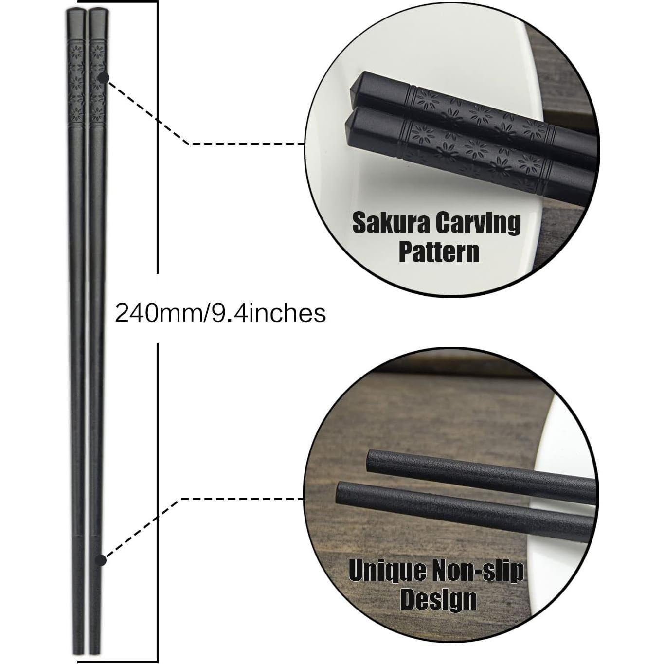 Palillos Reutilizables YFWOOD 23.9 cm Antideslizantes - Negro