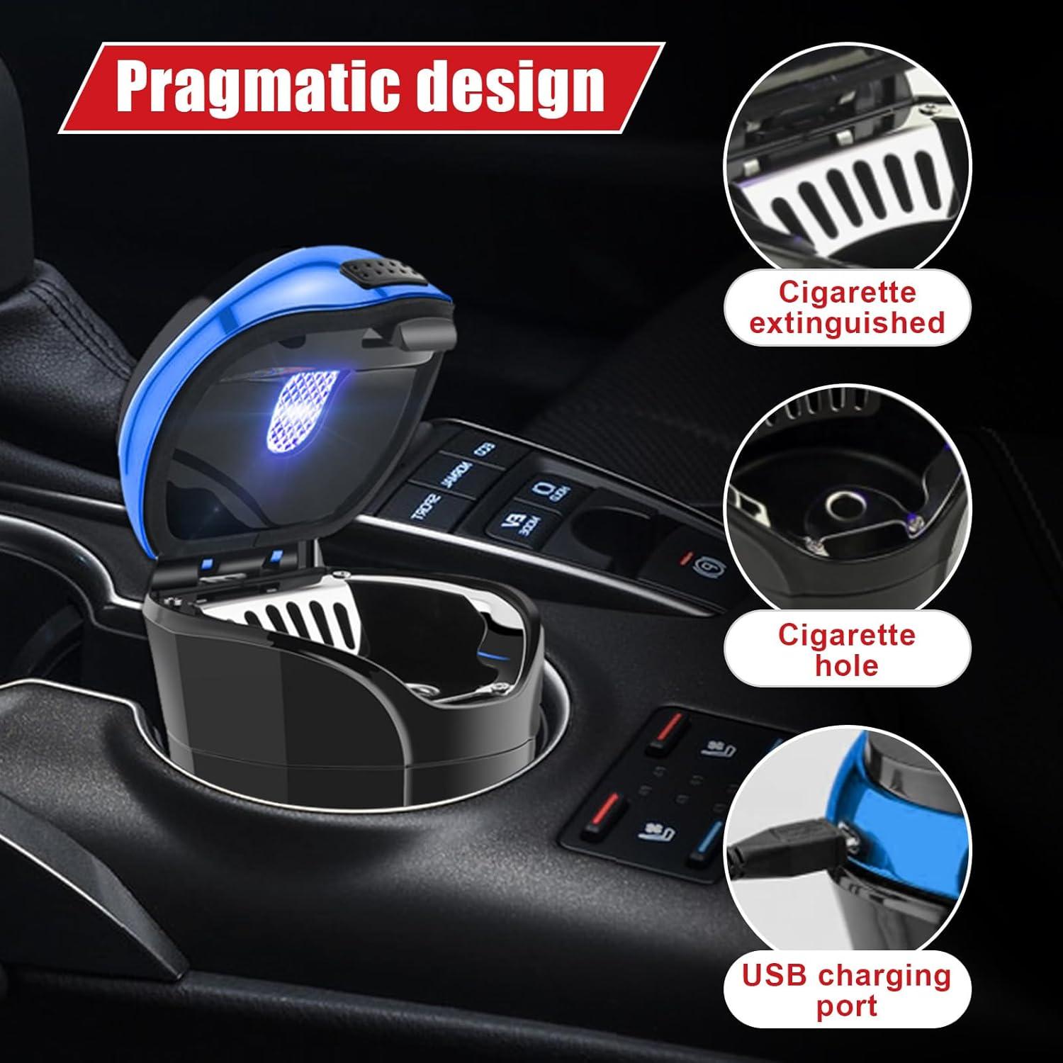 Cenicero de coche con tapa Suvnie USB recargable azul