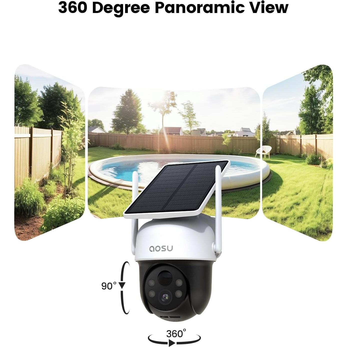 Cámara de Seguridad Solar AOSU 360° 2K Inalámbrica para Exterior