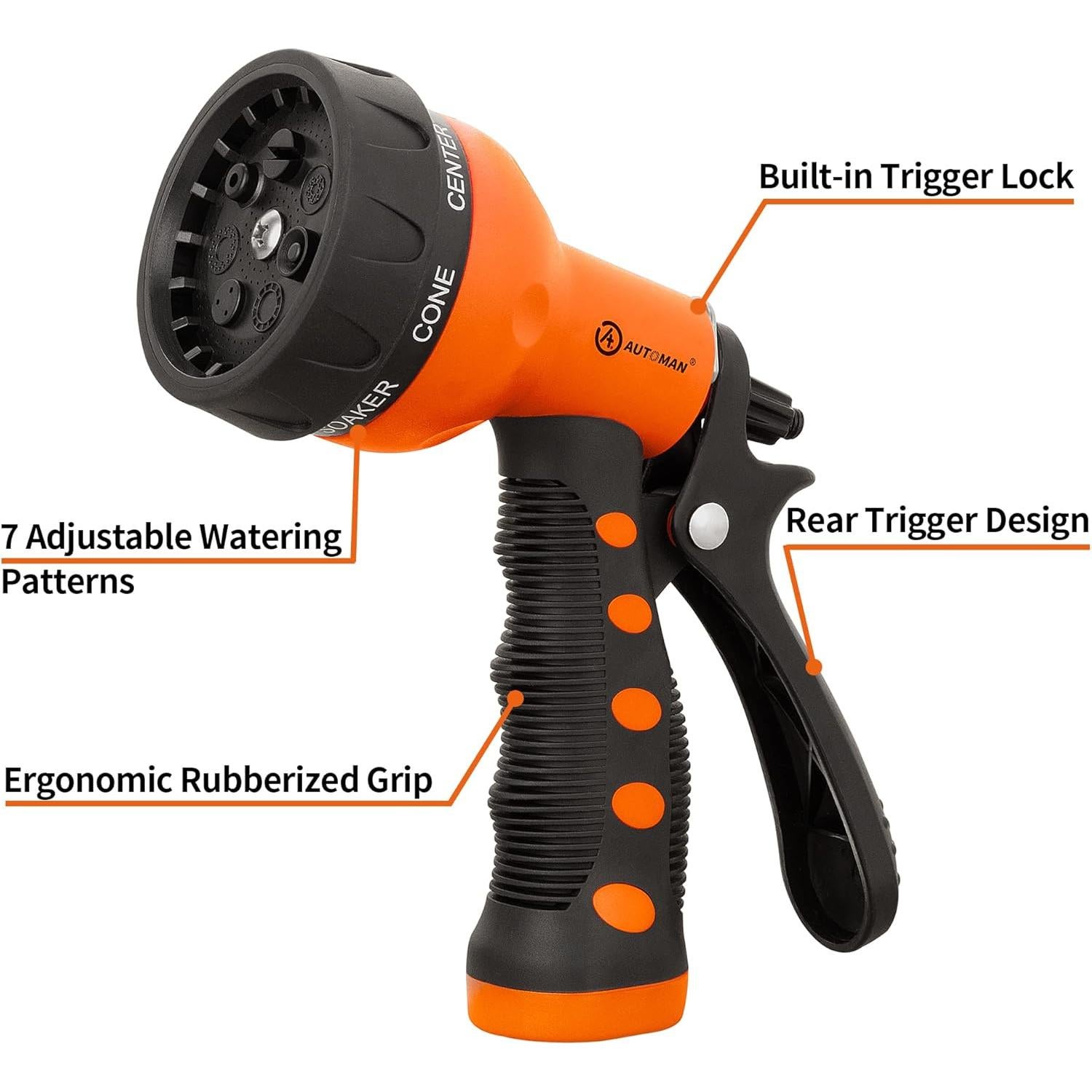 AUTOMAN Pistola de Riego Jardín Naranja 7 Patrones Ajustables