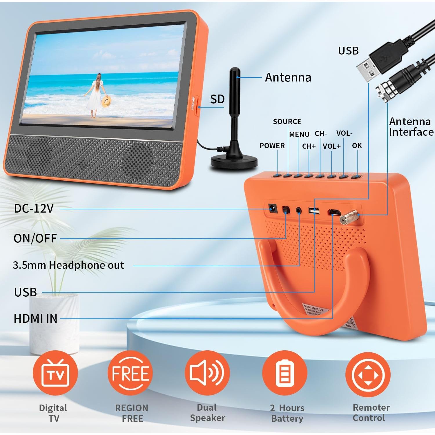 7inch Portable TV,Small tv with Battery-Digital ATSC Tuner,Headphone Out-USB/TF Port-HDMI Input,Mini TV for Camping RV Kitchen-Full Viewing Angles(Orange)