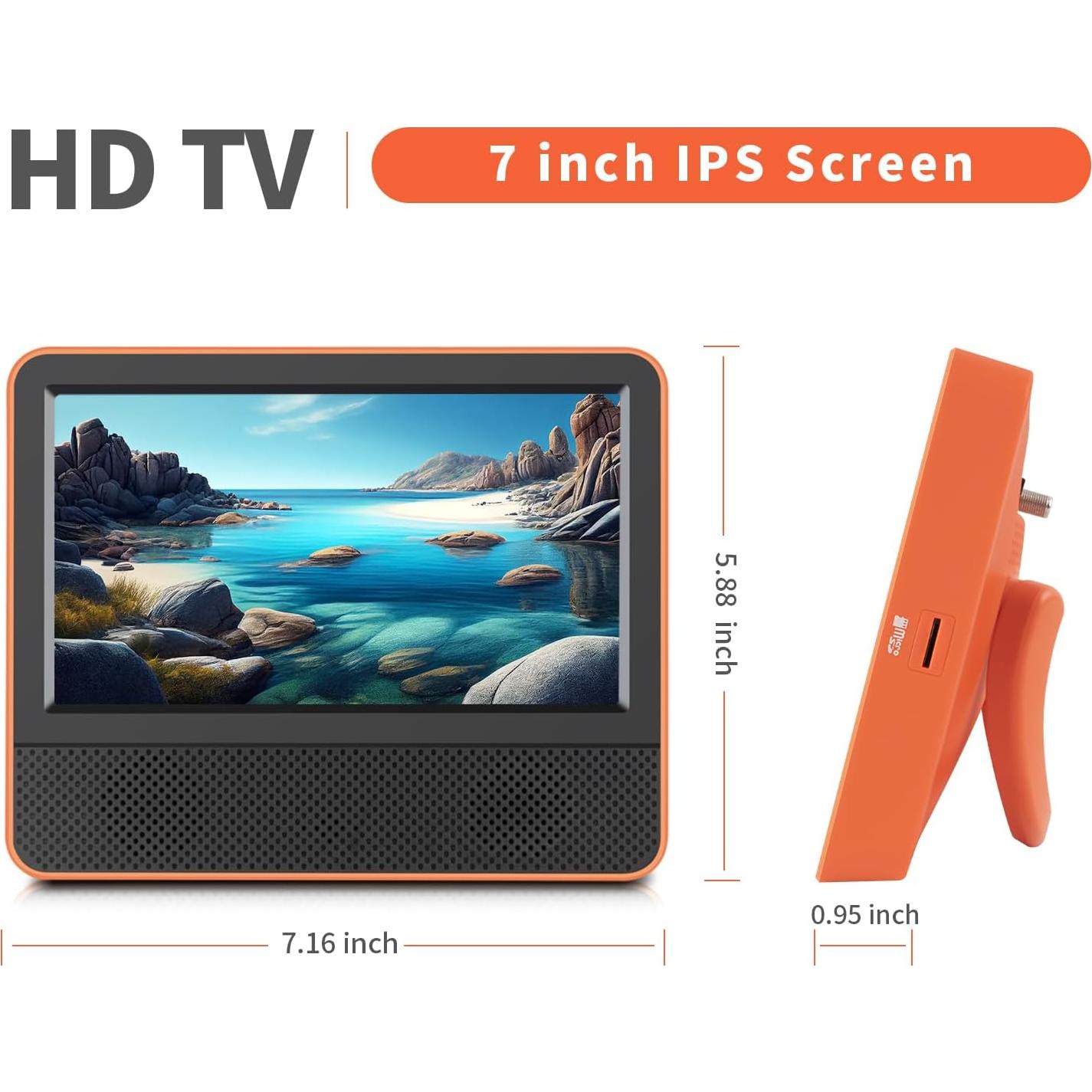 7inch Portable TV,Small tv with Battery-Digital ATSC Tuner,Headphone Out-USB/TF Port-HDMI Input,Mini TV for Camping RV Kitchen-Full Viewing Angles(Orange)