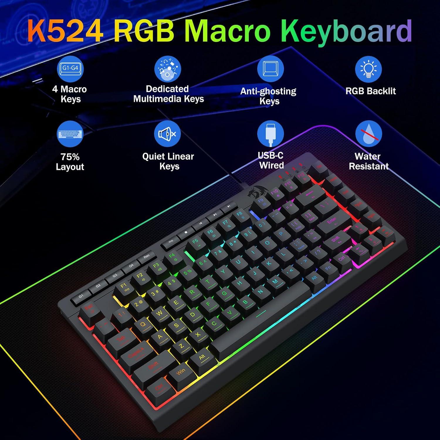 Teclado Gaming Redragon K524 RGB con Cable, Compacto 75%, Silencioso