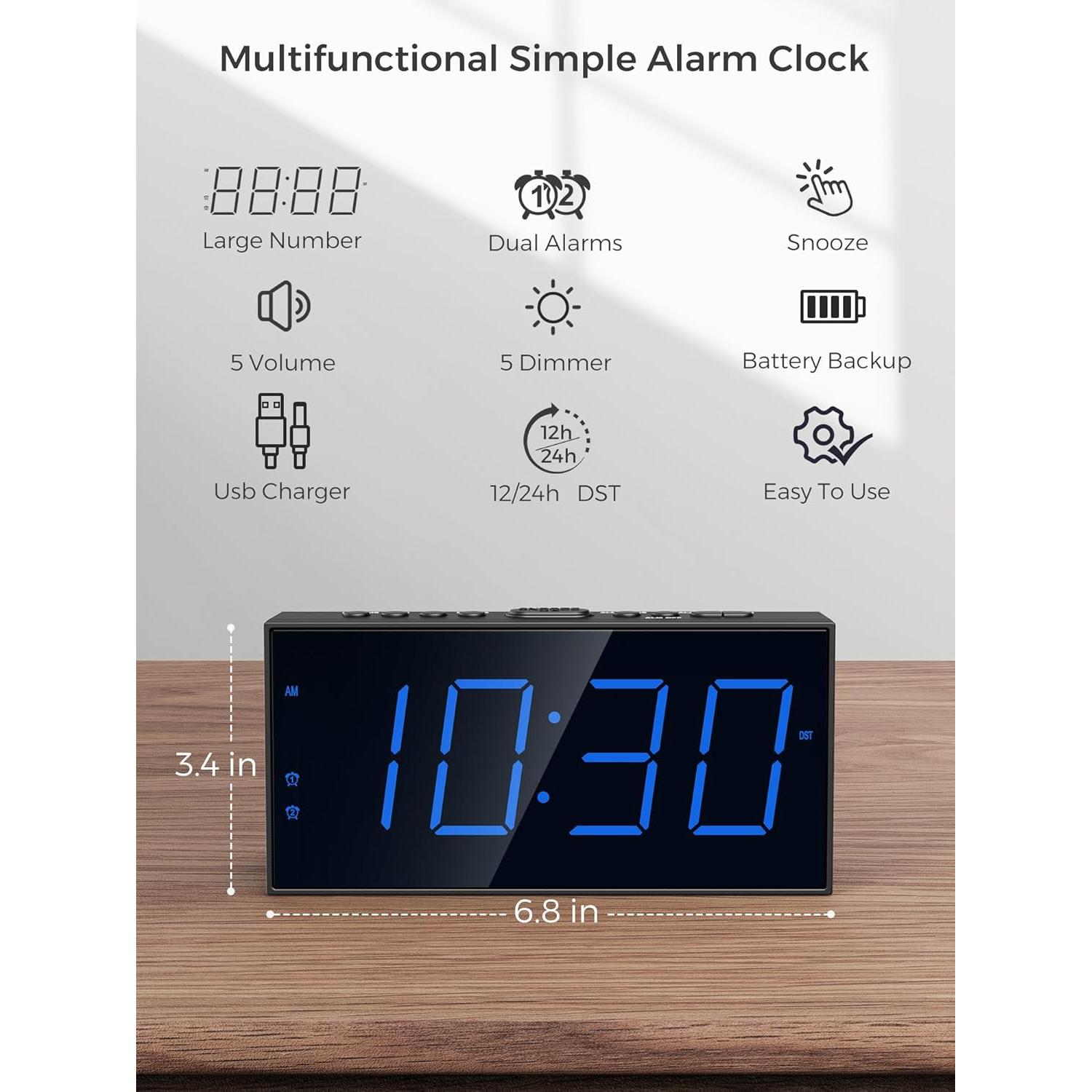 Reloj Despertador Digital Doble PPLEE 7" LED Azul con Cargador USB