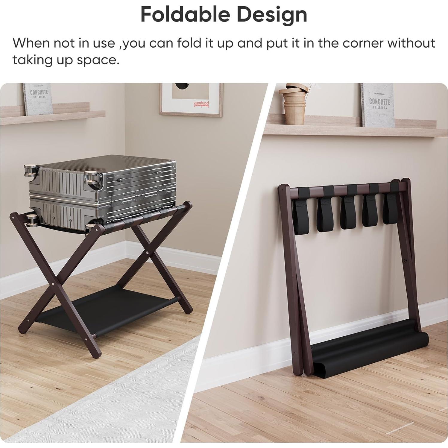 Soporte de Equipaje Plegable Smuxee de Bambú Marrón 67cm