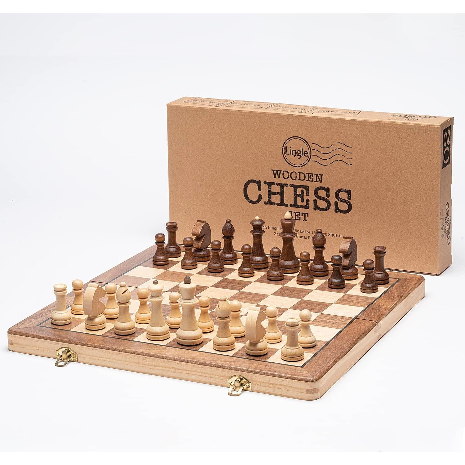 Juego de Ajedrez de Madera LINGLE 38 cm Plegable y Portátil