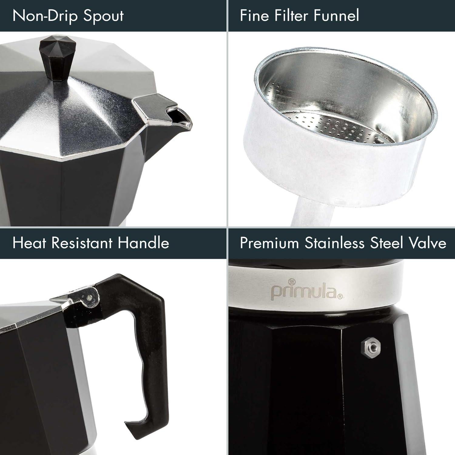 Primula Classic Stovetop Espresso and Coffee Maker, Moka Pot for Italian and Cuban Café Brewing, Greca Coffee Maker, Cafeteras, 6 Espresso Cups, Black