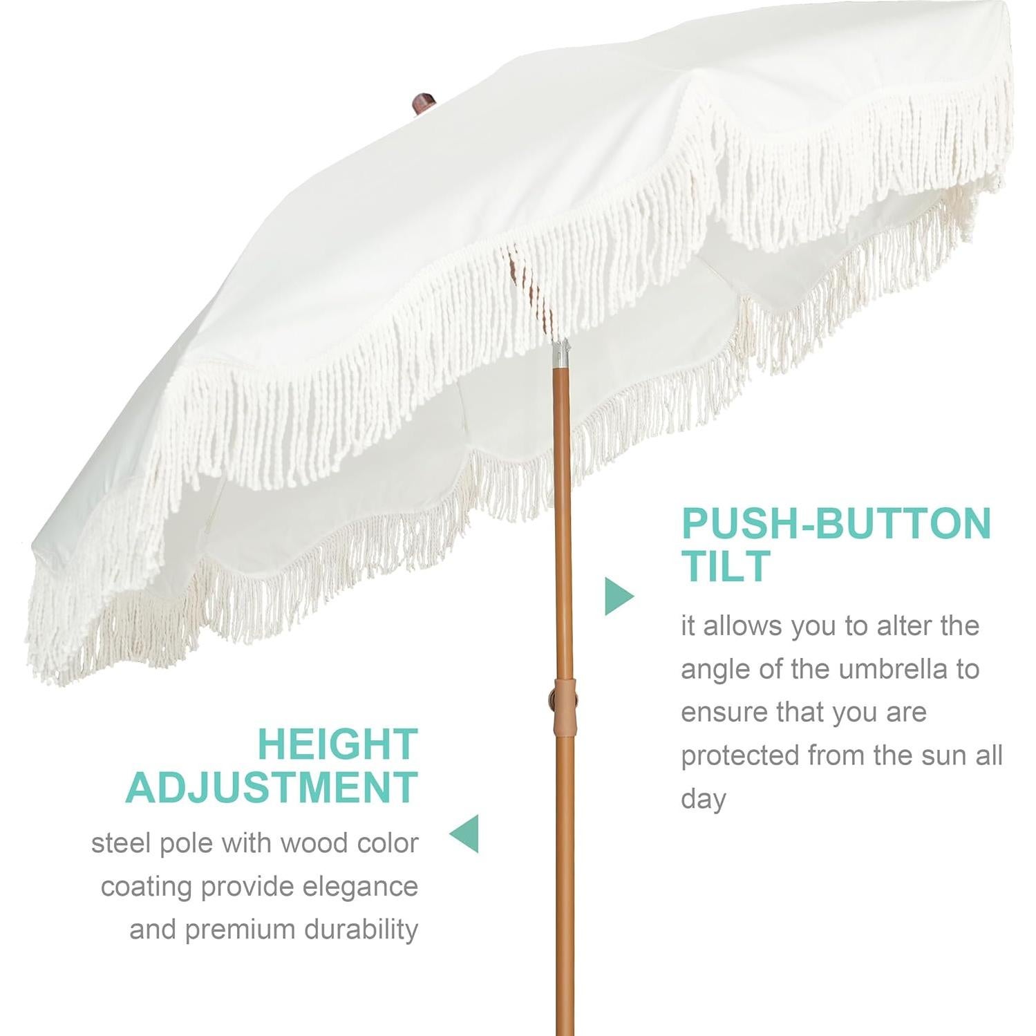 Paraguas Boho AMMSUN 198 cm UPF50+ con Flecos y Poste de Acero