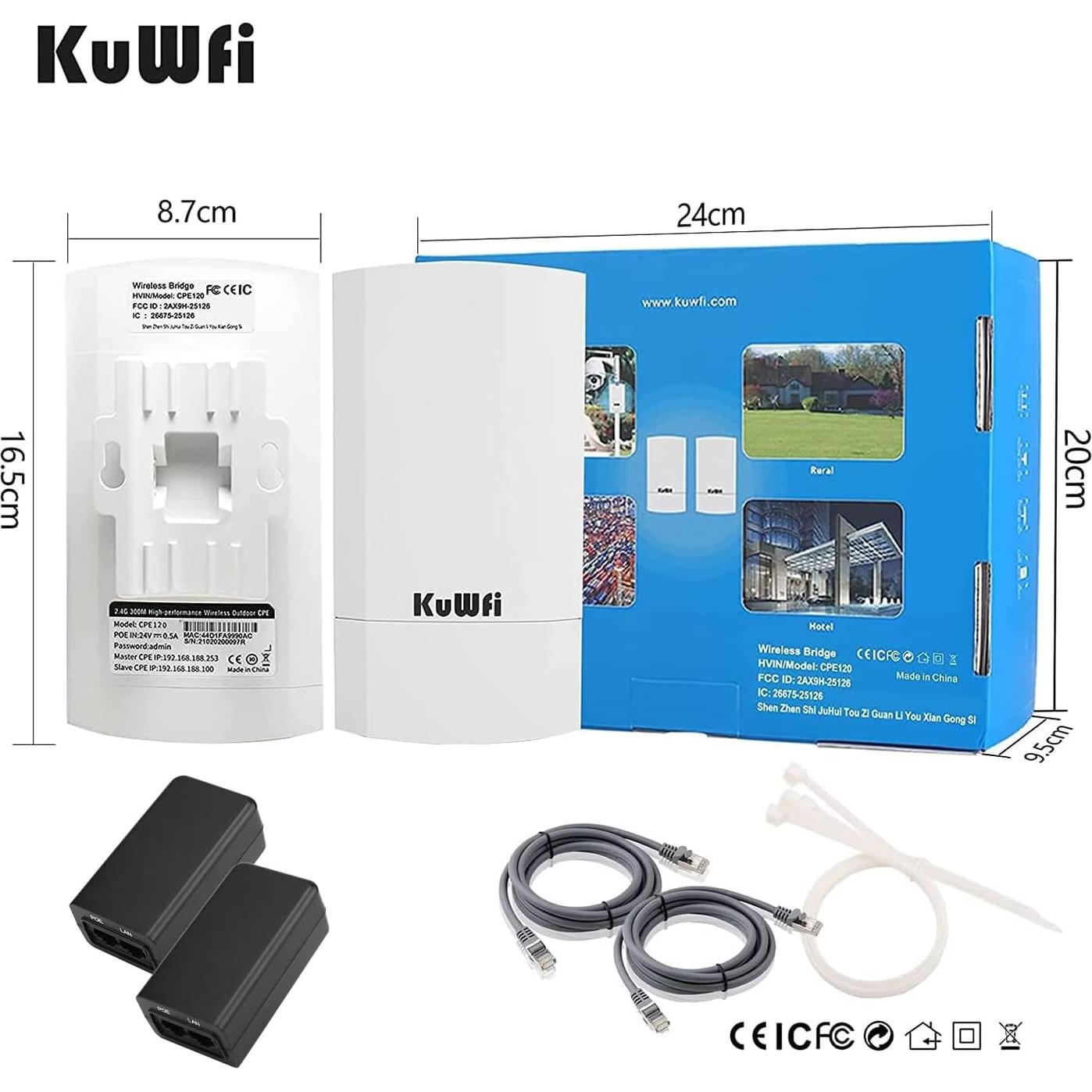 Puente Inalámbrico KuWFi CPE120 300Mbps 1KM Exterior