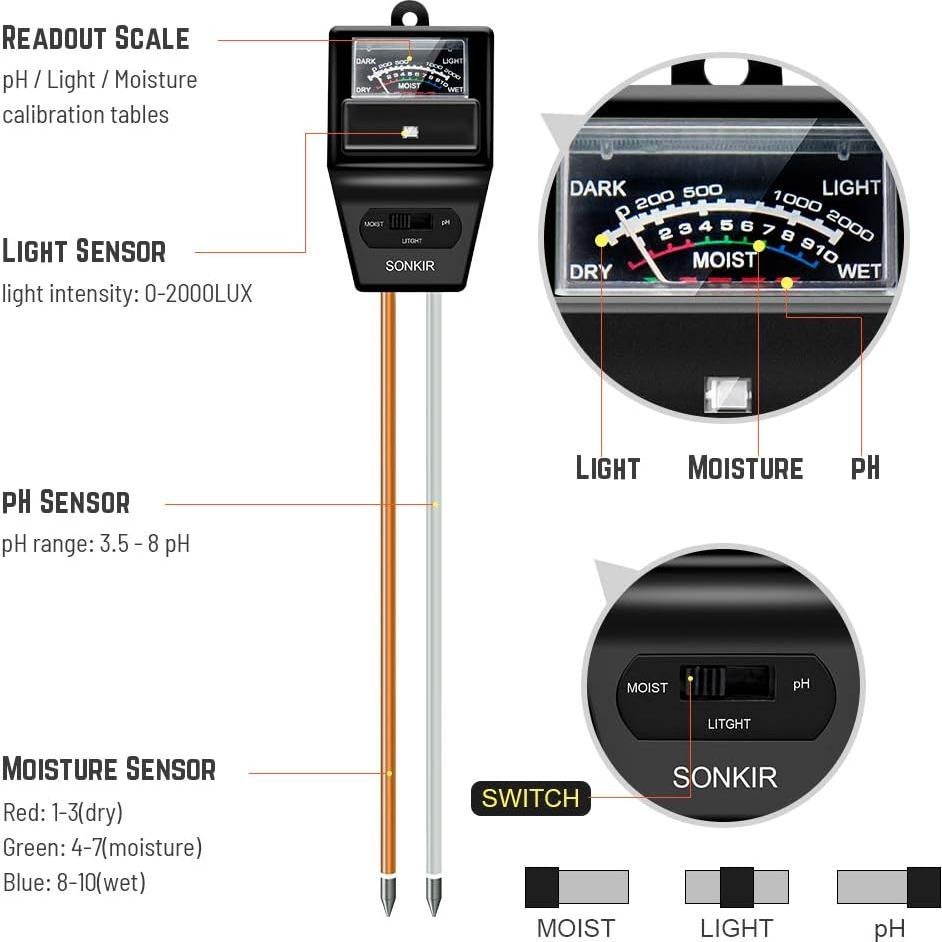 Medidor de pH del suelo Sonkir 3-en-1 Humedad Luz