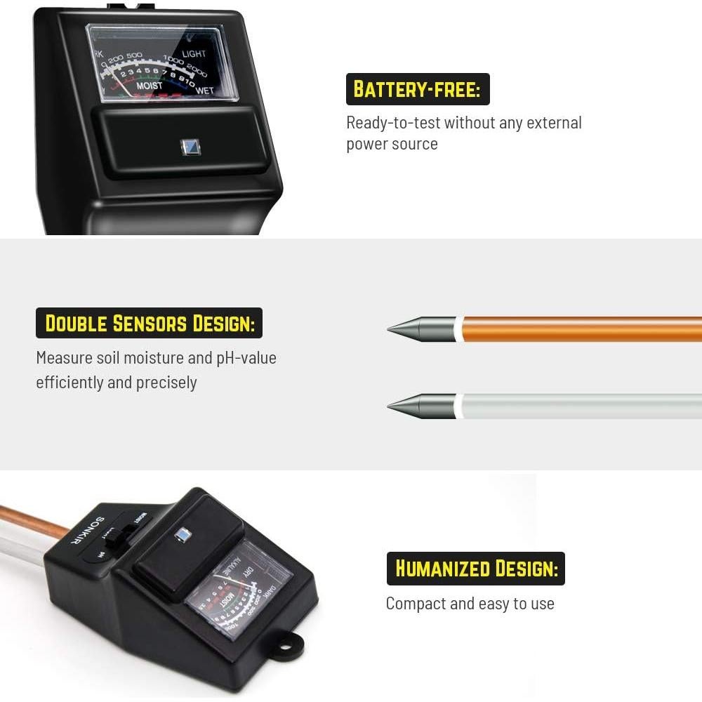 Medidor de pH del suelo Sonkir 3-en-1 Humedad Luz