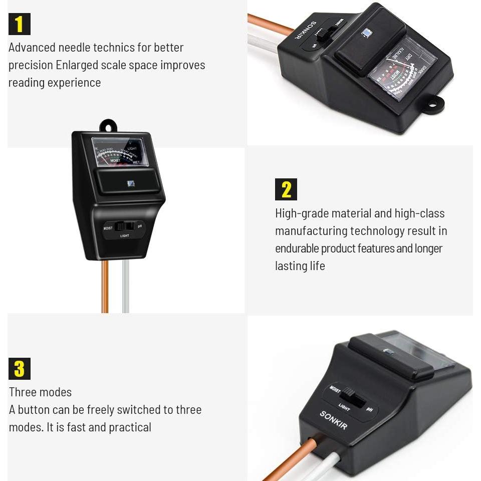 Medidor de pH del suelo Sonkir 3-en-1 Humedad Luz