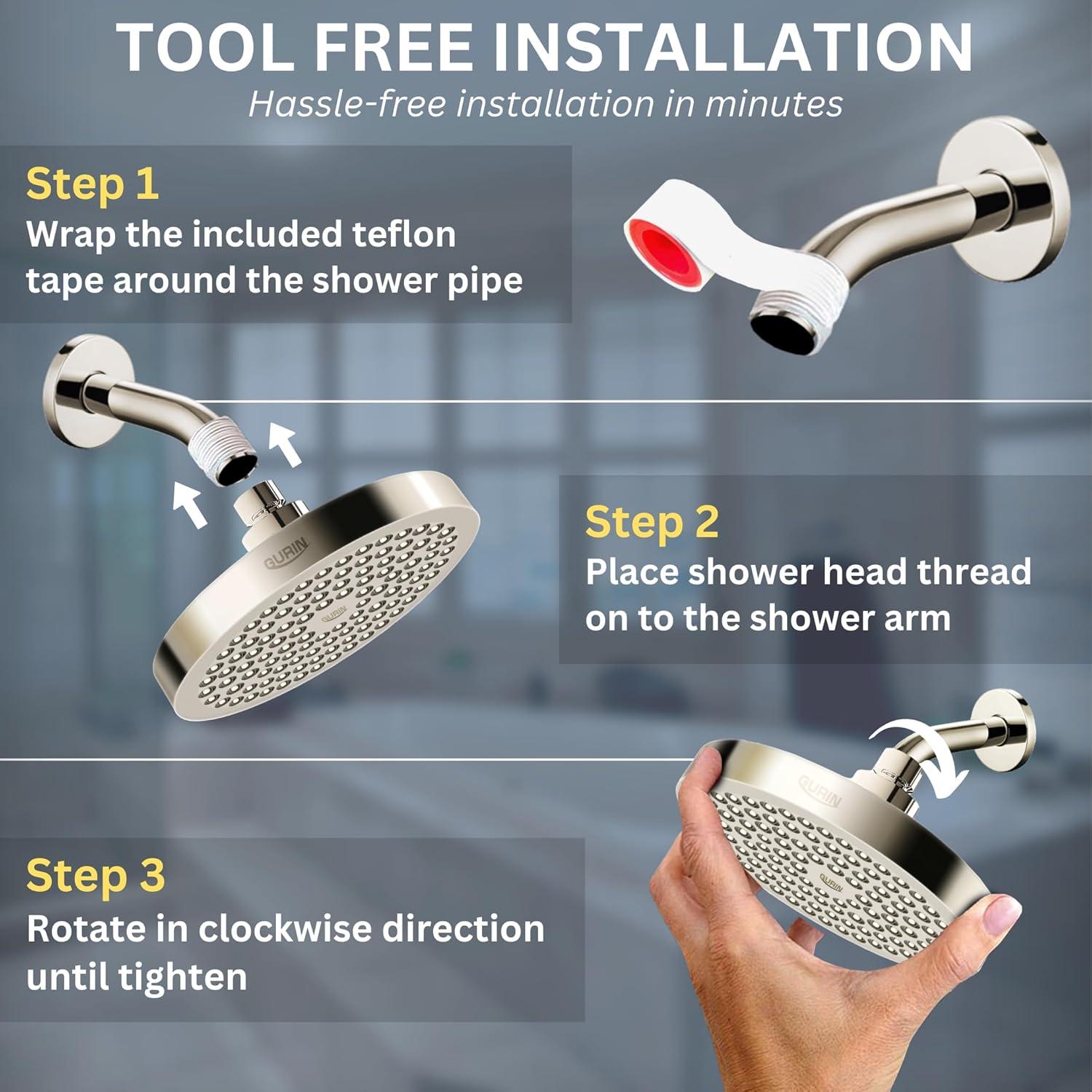 Cabezal de Ducha GURIN Alta Presión Lluvia 15.24 cm Níquel Cepillado