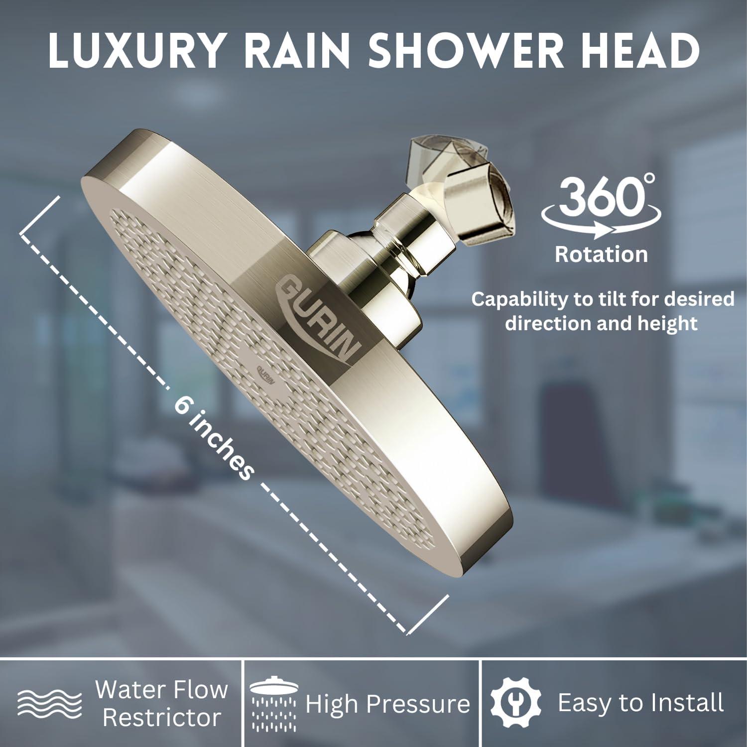 Cabezal de Ducha GURIN Alta Presión Lluvia 15.24 cm Níquel Cepillado