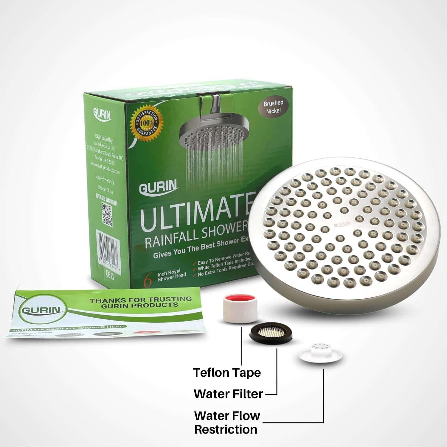 Cabezal de Ducha GURIN Alta Presión Lluvia 15.24 cm Níquel Cepillado