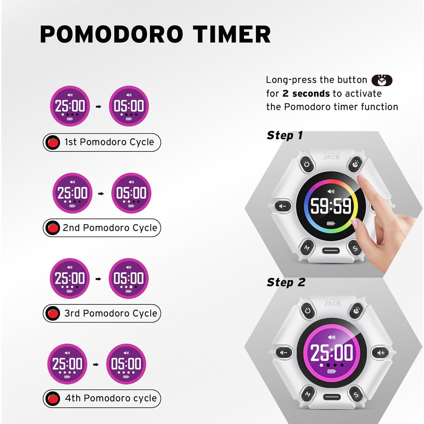 Temporizador Pomodoro Printers Jack Blanco Perla 6 Modos