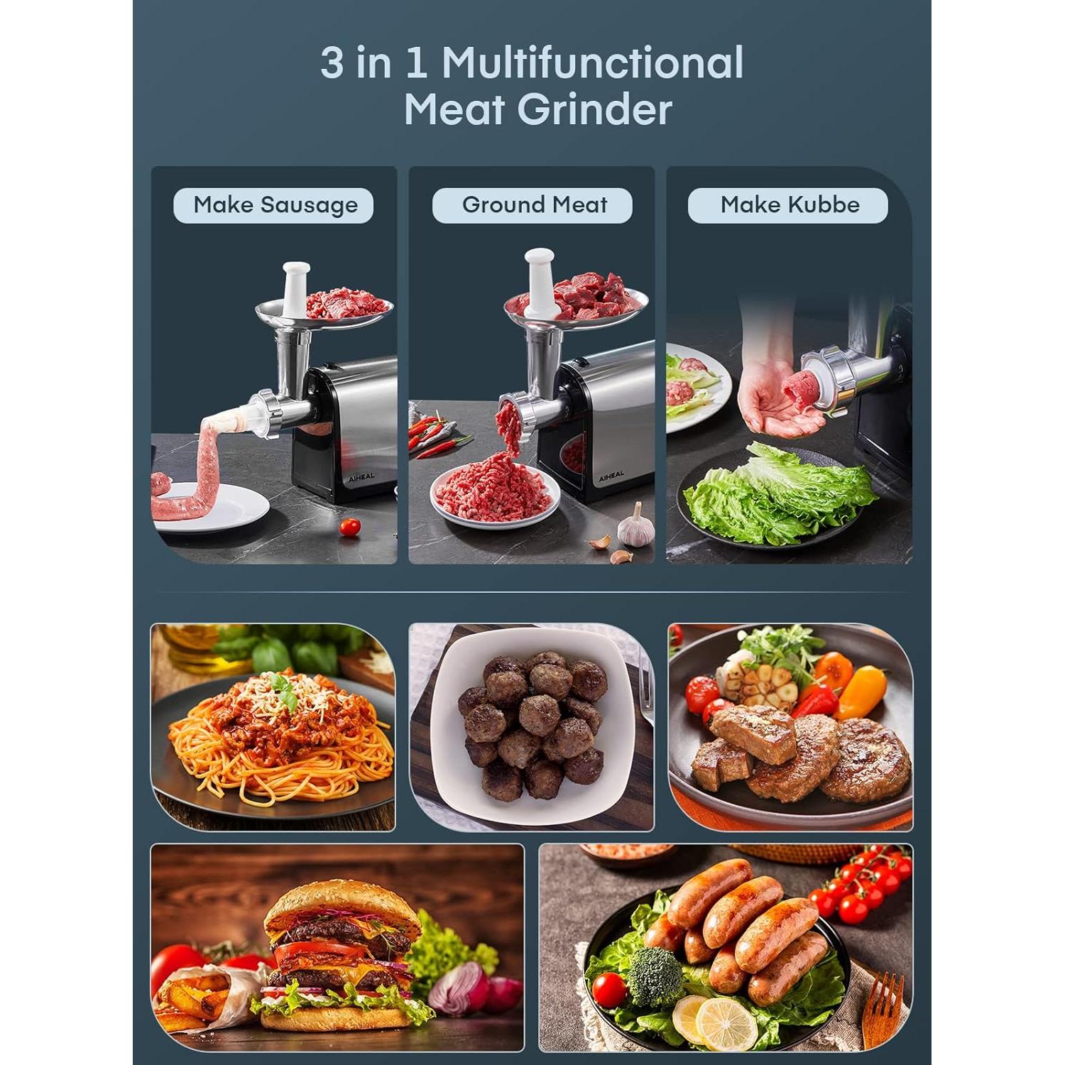 Picadora de Carne Eléctrica Aiheal 3200W con Embutidora y Accesorios