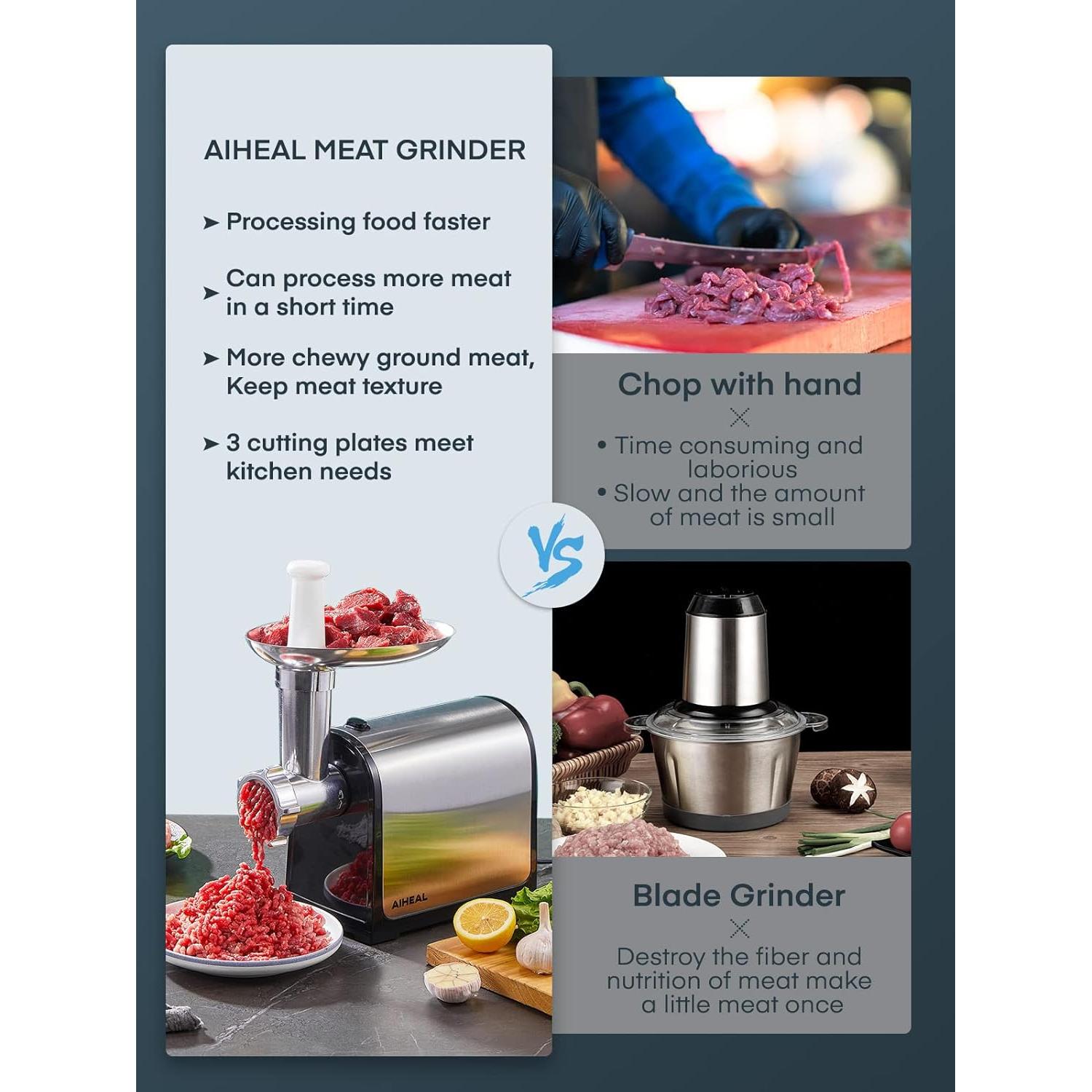 Picadora de Carne Eléctrica Aiheal 3200W con Embutidora y Accesorios