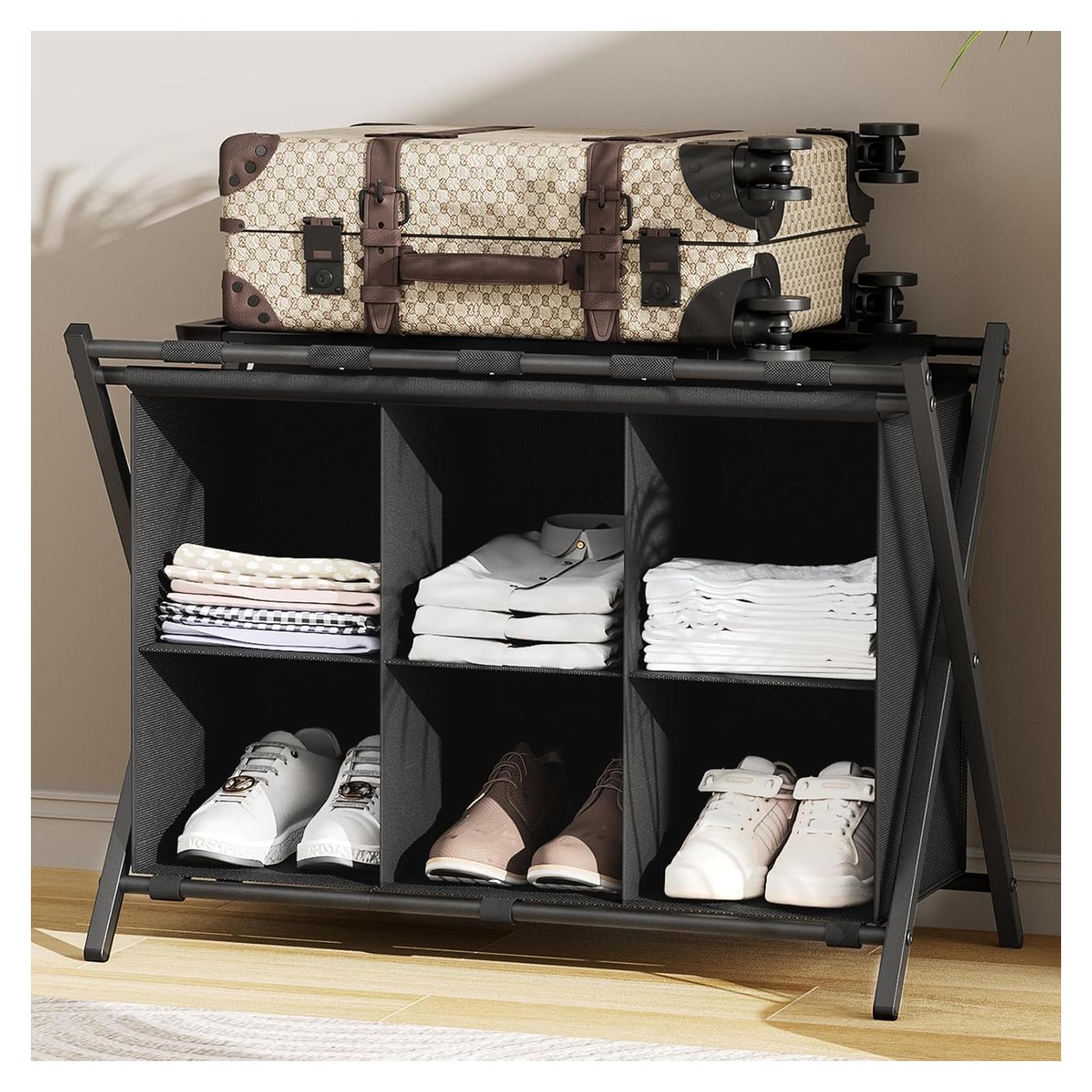 Soporte de Equipaje Plegable Huhote con Estante 4 Cubos Negro