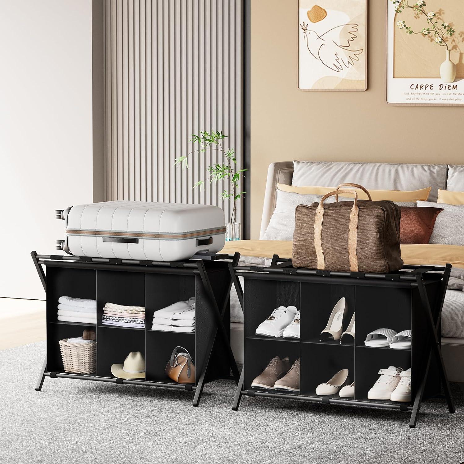 Soporte de Equipaje Plegable Huhote con Estante 4 Cubos Negro