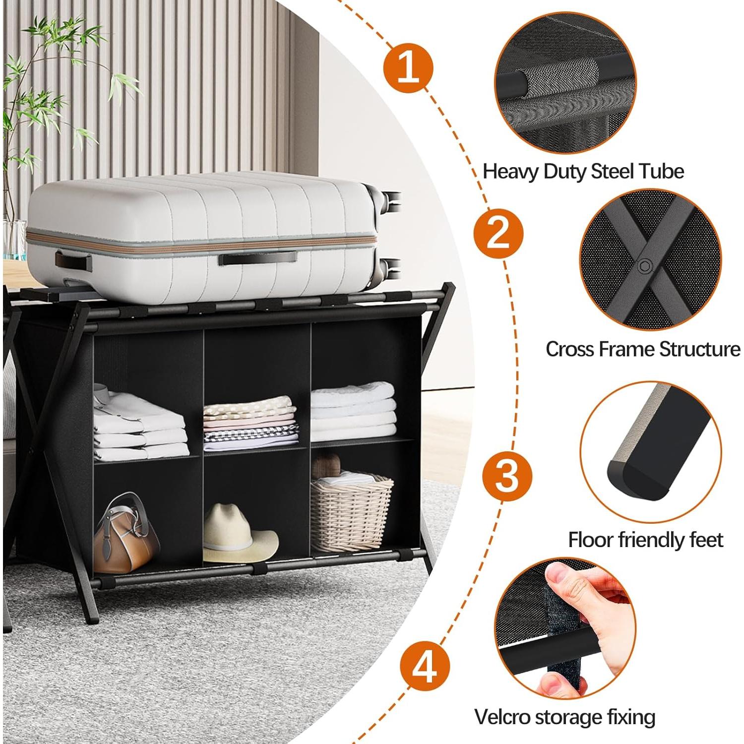 Soporte de Equipaje Plegable Huhote con Estante 4 Cubos Negro