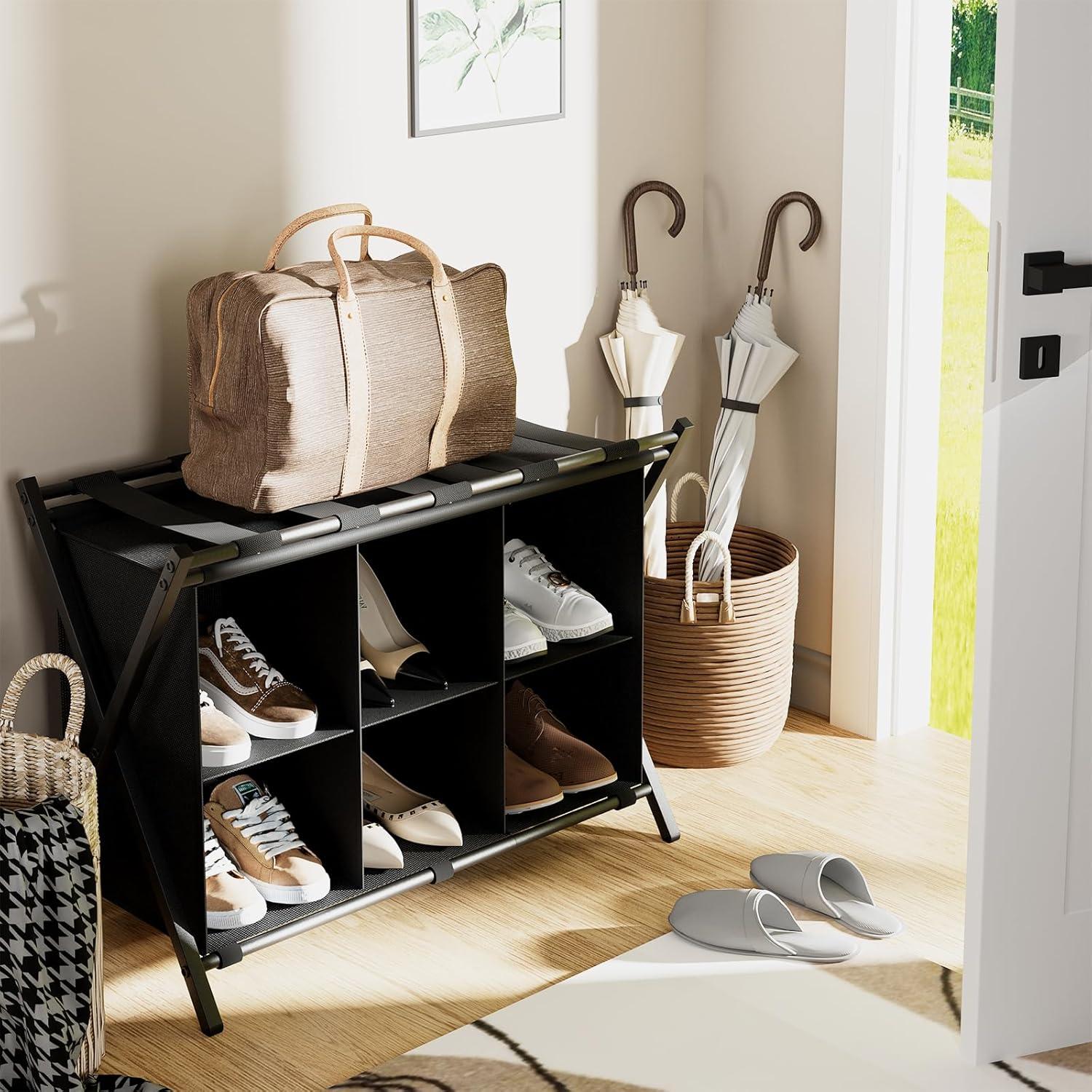 Soporte de Equipaje Plegable Huhote con Estante 4 Cubos Negro