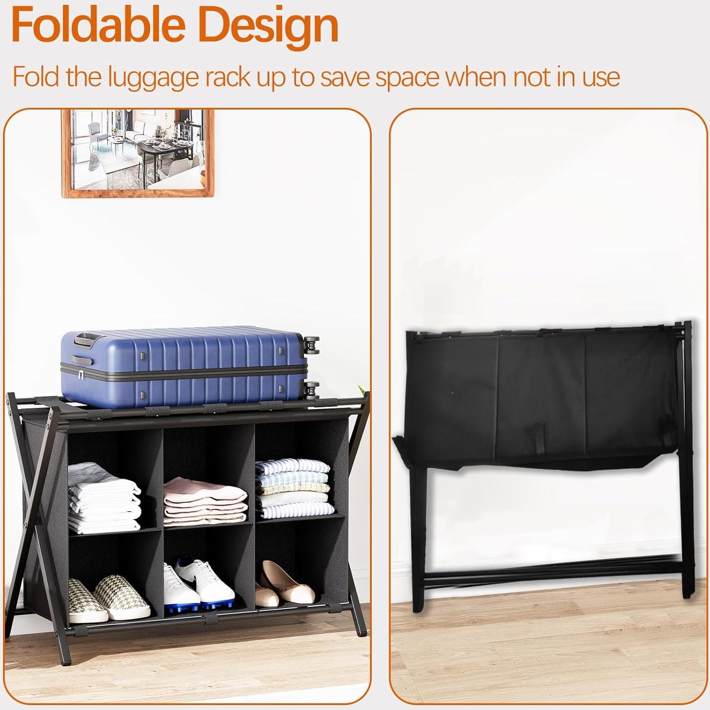 Soporte de Equipaje Plegable Huhote con Estante 4 Cubos Negro
