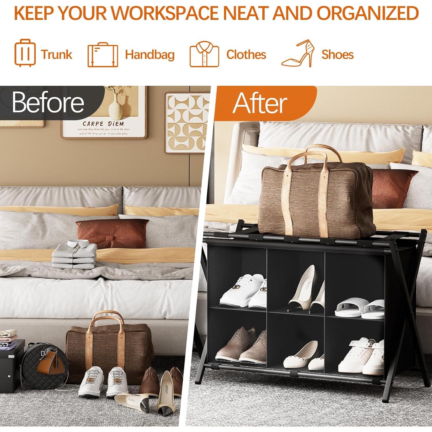 Soporte de Equipaje Plegable Huhote con Estante 4 Cubos Negro