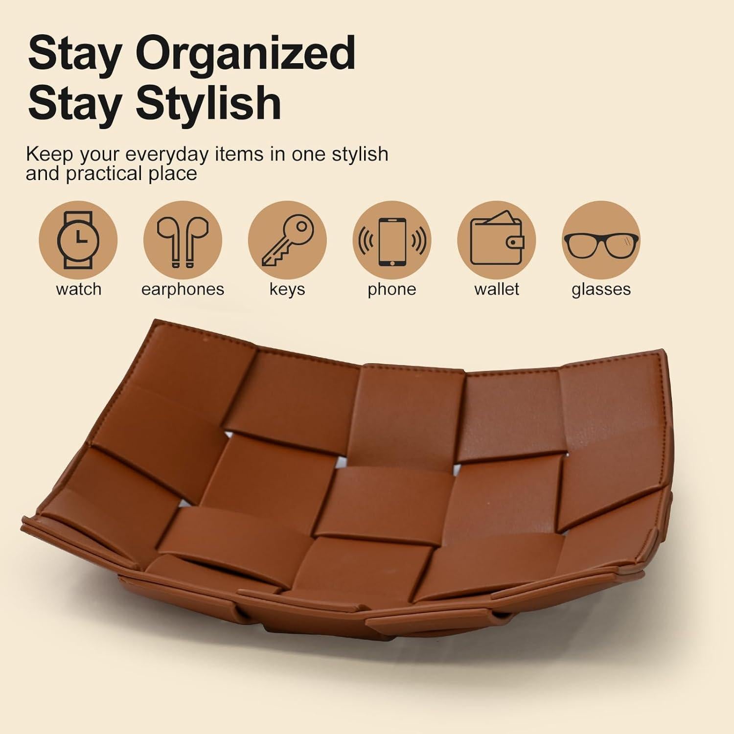 Bandeja de Valet de Cuero Sintético MSJGA Marrón 24.9x24.9 cm