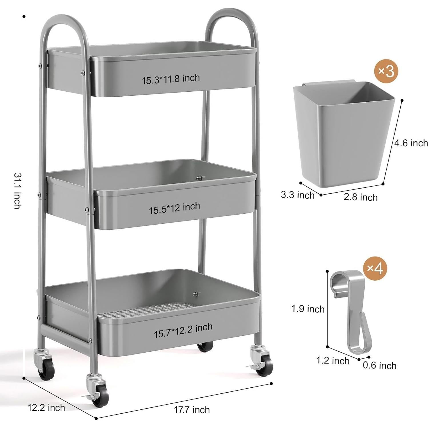 Carro Rodante de Almacenamiento Recximi 3 Niveles Metal Gris
