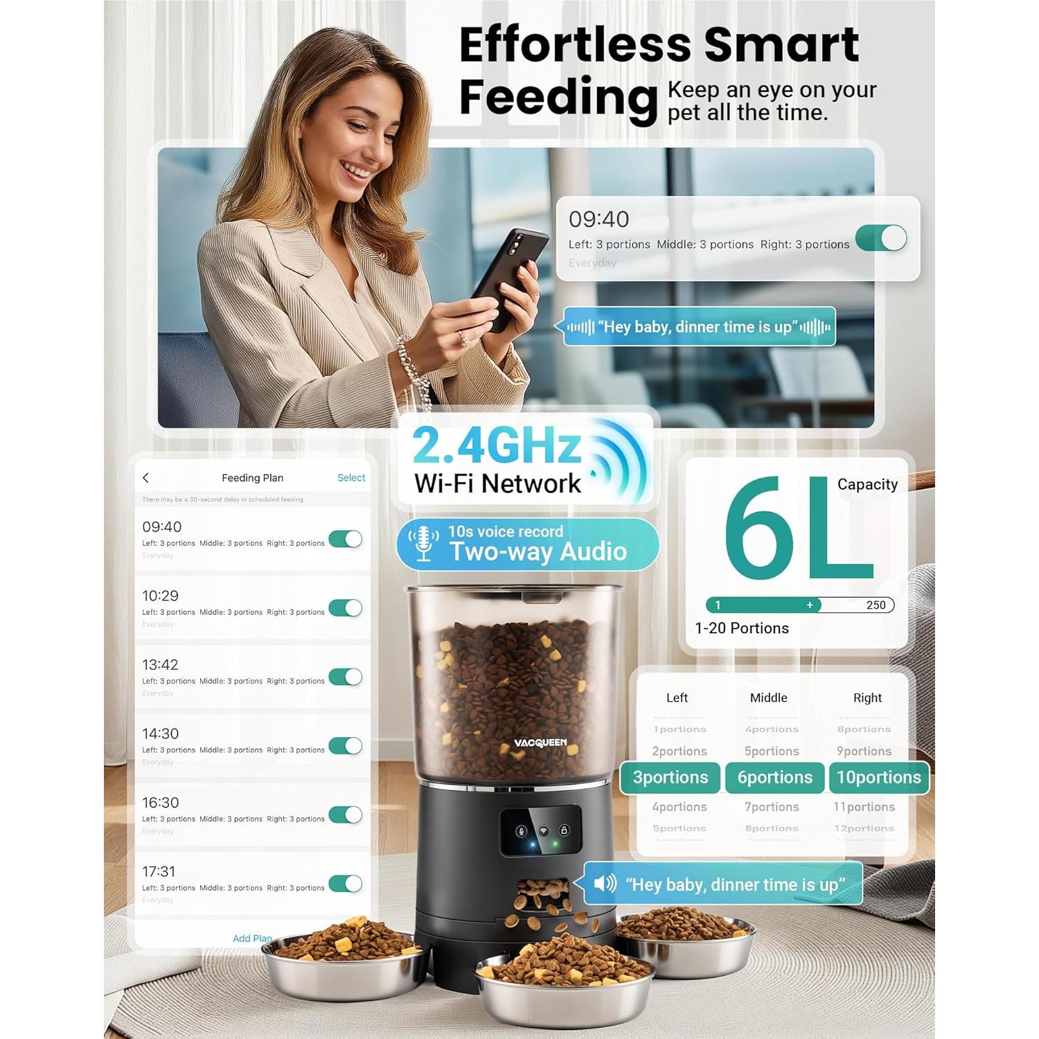 Comedero Automático para Gatos Vacqueen 6L WiFi Antitaponamiento