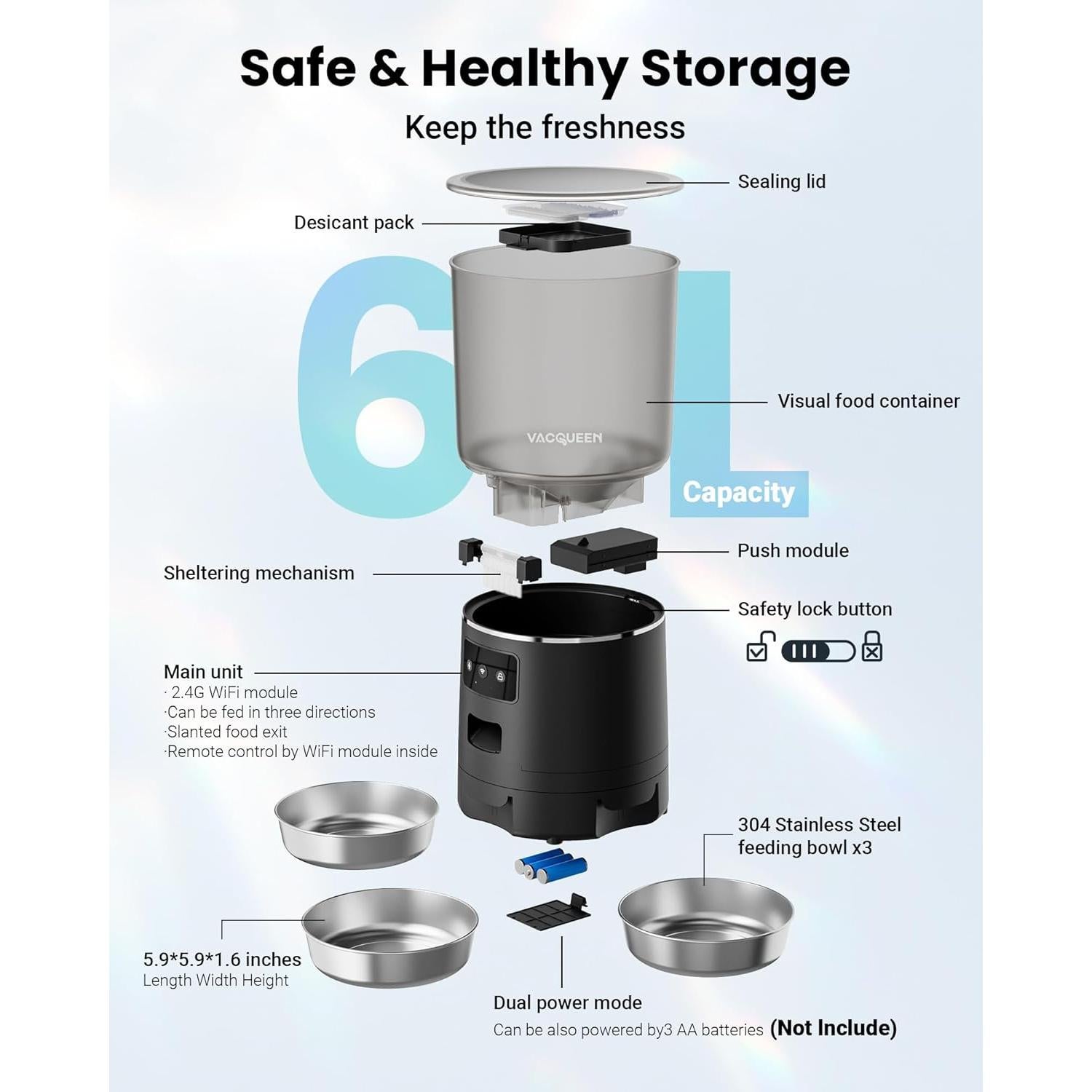 Comedero Automático para Gatos Vacqueen 6L WiFi Antitaponamiento