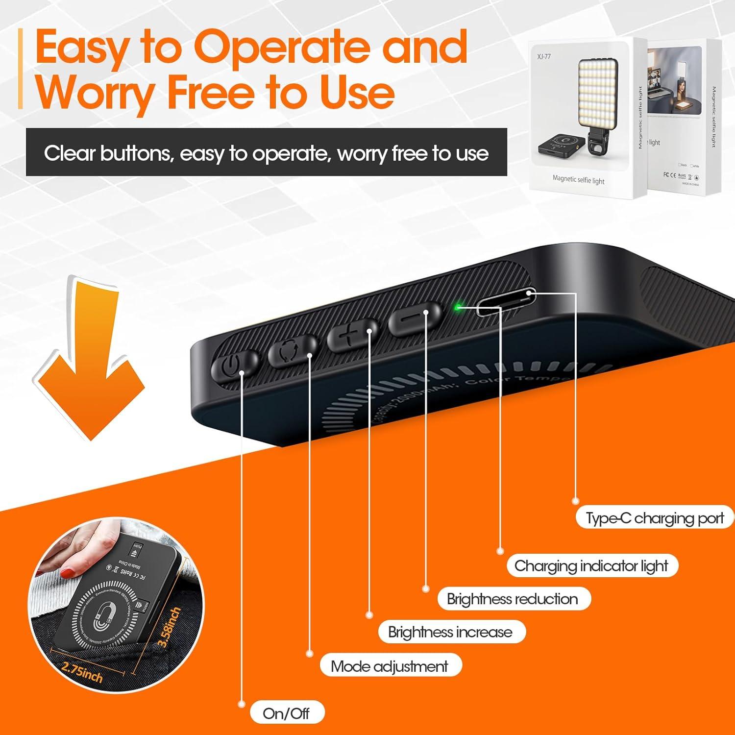 Luz de Selfie Magnética JINGCOOL, 3 Modos, 2000mAh, Portátil