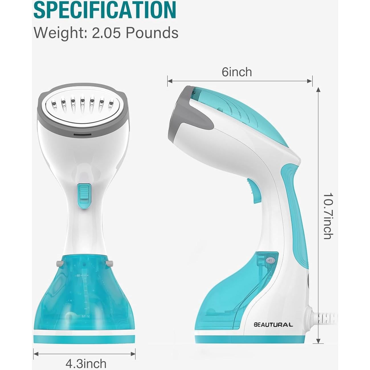 Vaporizador de Ropa BEAUTURAL 1200W Calentamiento 30s Aqua
