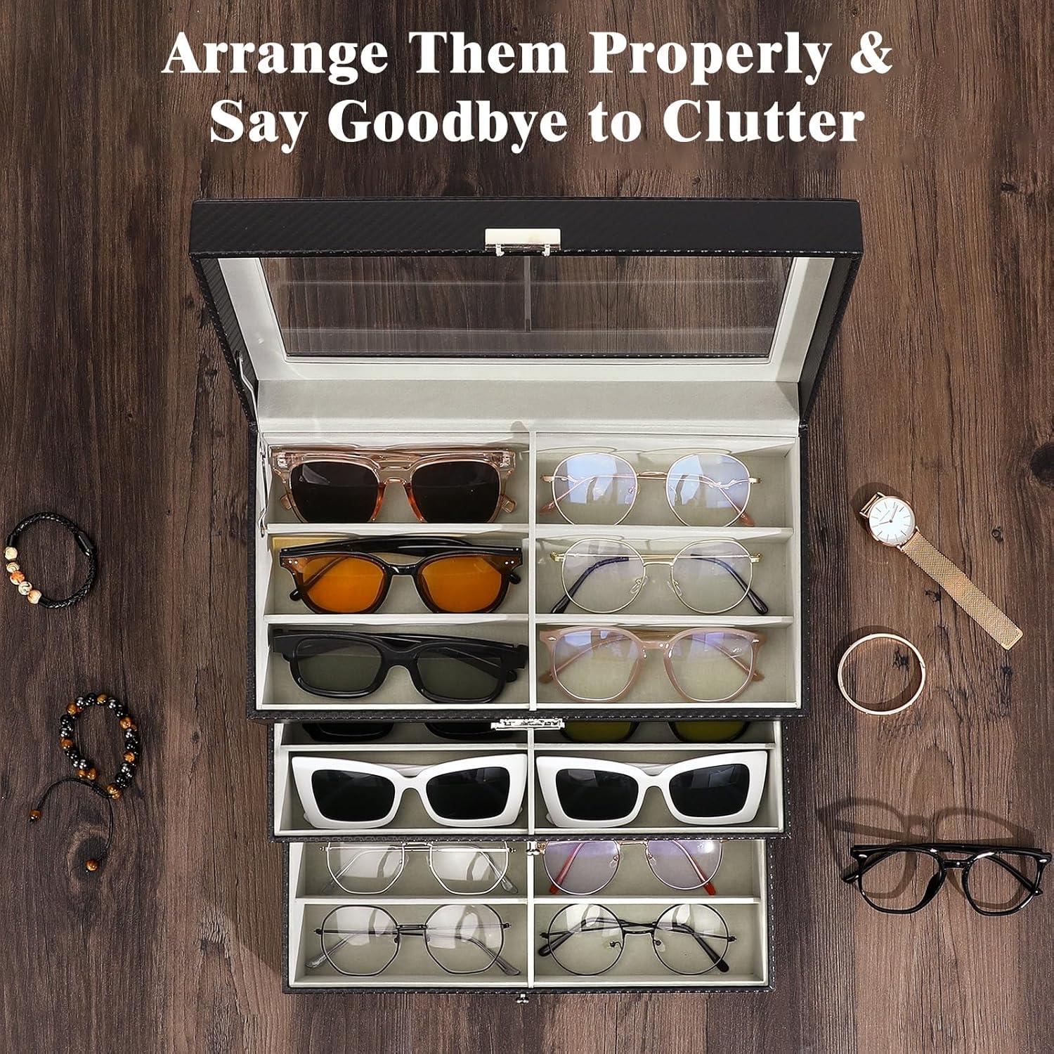 Organizador de Gafas MoKo de Cuero con Tapa de Vidrio 18 Ranuras