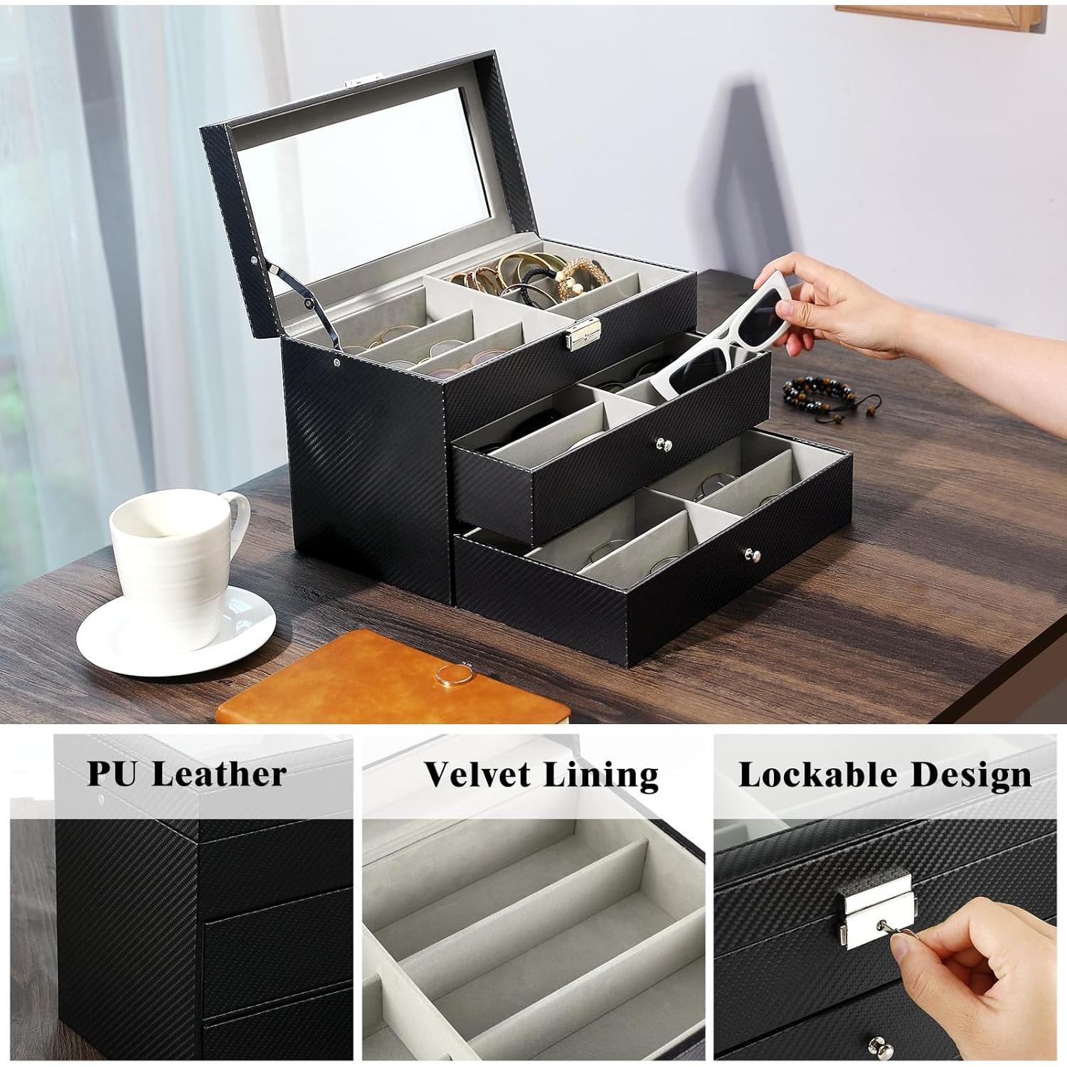 Organizador de Gafas MoKo de Cuero con Tapa de Vidrio 18 Ranuras